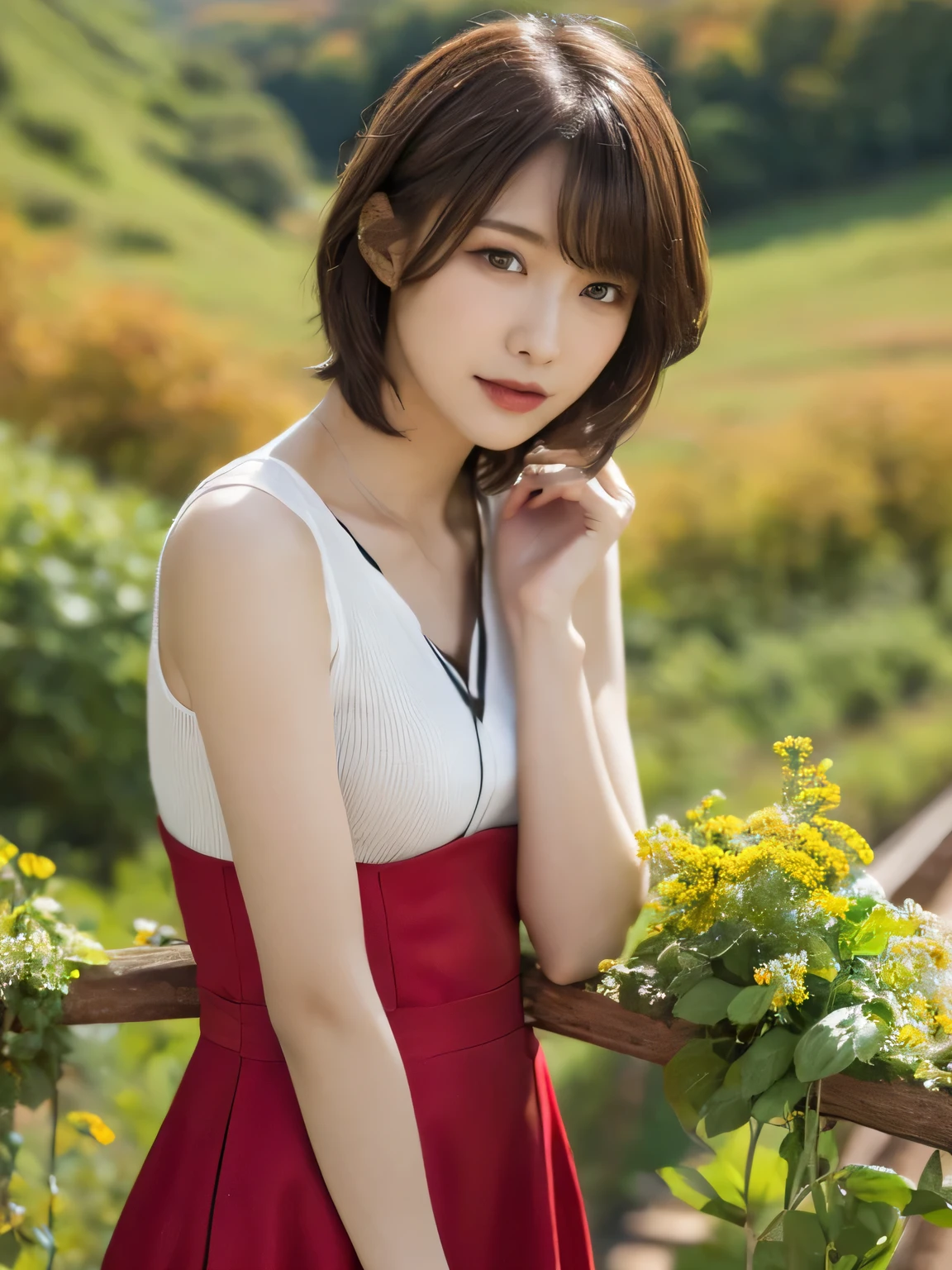 1 girl, A very beautiful portrait of a Japanese singer, ( Red Dress), ( gothic makeup), (RAW Photo Best Quality), (Realistic, Realistic:1.4), (masterpiece), Very detailed, 2k wallpaper, wonderful, finely, Very detailed, CG Unity 8k Wallpaper, Very detailed, high definition, Soft light, Beautiful Girl Carefully Drawn in Every Detail, Very detailedな目と顔, Beautiful and Elegant Nose, beautiful beautiful eyes, Film Lighting, (Bromide photography), (short hair), (The girl is standing on an abandoned railway line in a rough mountainous area:1.2), ( covered with weeds road), (An unmanned home with no roof and weeds growing), (Decayed sleeper), (autumn leaves), perfect anatomy, 細身の体, smaller breasts, Thin legs, whole body, I am so lonely,
perfect anatomy, 細身の体, smaller breasts, Thin legs, whole body, I am so lonely, Random body orientation,
