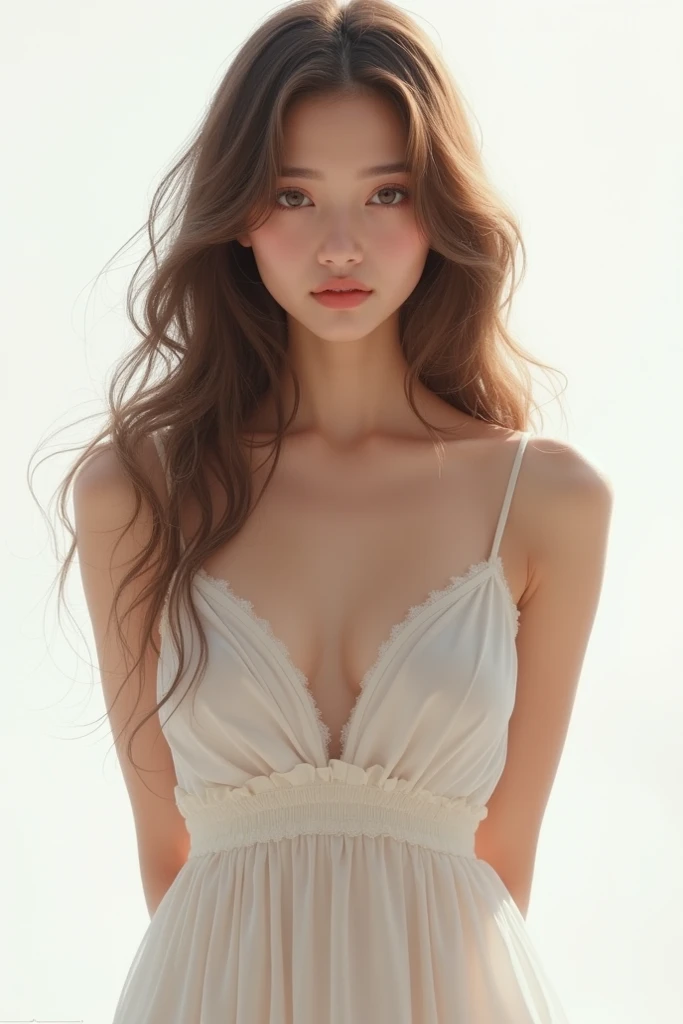 An thiland girl with golden wave hair wearing a western style dress and giving an pose in camera