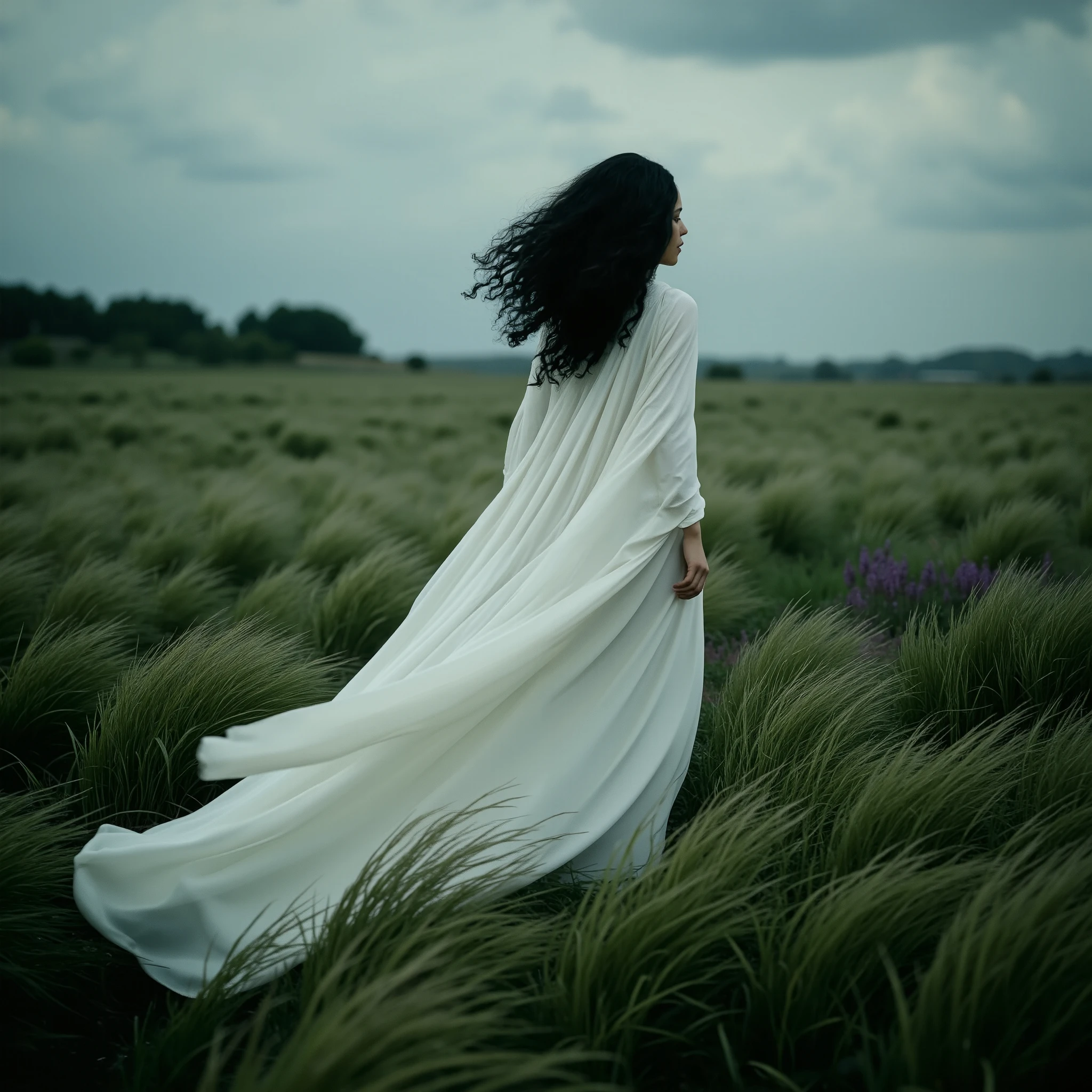8K cinematic photo of a tall female model with voluminous natural curly hair standing in a windswept meadow under dramatic pre-storm skies. The frame is split by a horizontal horizon: foreground features hyper-detailed tall green grass swaying in the wind; the background shows moody slate storm clouds above a distant dark treeline. The model stands 1/3 from the right edge, wearing a flowing white chiffon gown, captured mid-motion with fabric lifted by the wind. Natural directional storm lighting highlights her hair and creates soft grass shadows on the dress. Atmospheric haze and pre-storm glow add depth. The contrast between the ethereal dress and the dark sky enhances the cinematic editorial mood --ar 3:4 --v 5 --style photographic --quality 2 --uplight --no hat --wind-blown effect --fabric motion blur --storm lighting realism --Phase One XT camera simulation --110mm lens compression --f/4 depth field --no watermark --cinematic texture --natural hair detail --realistic color grading