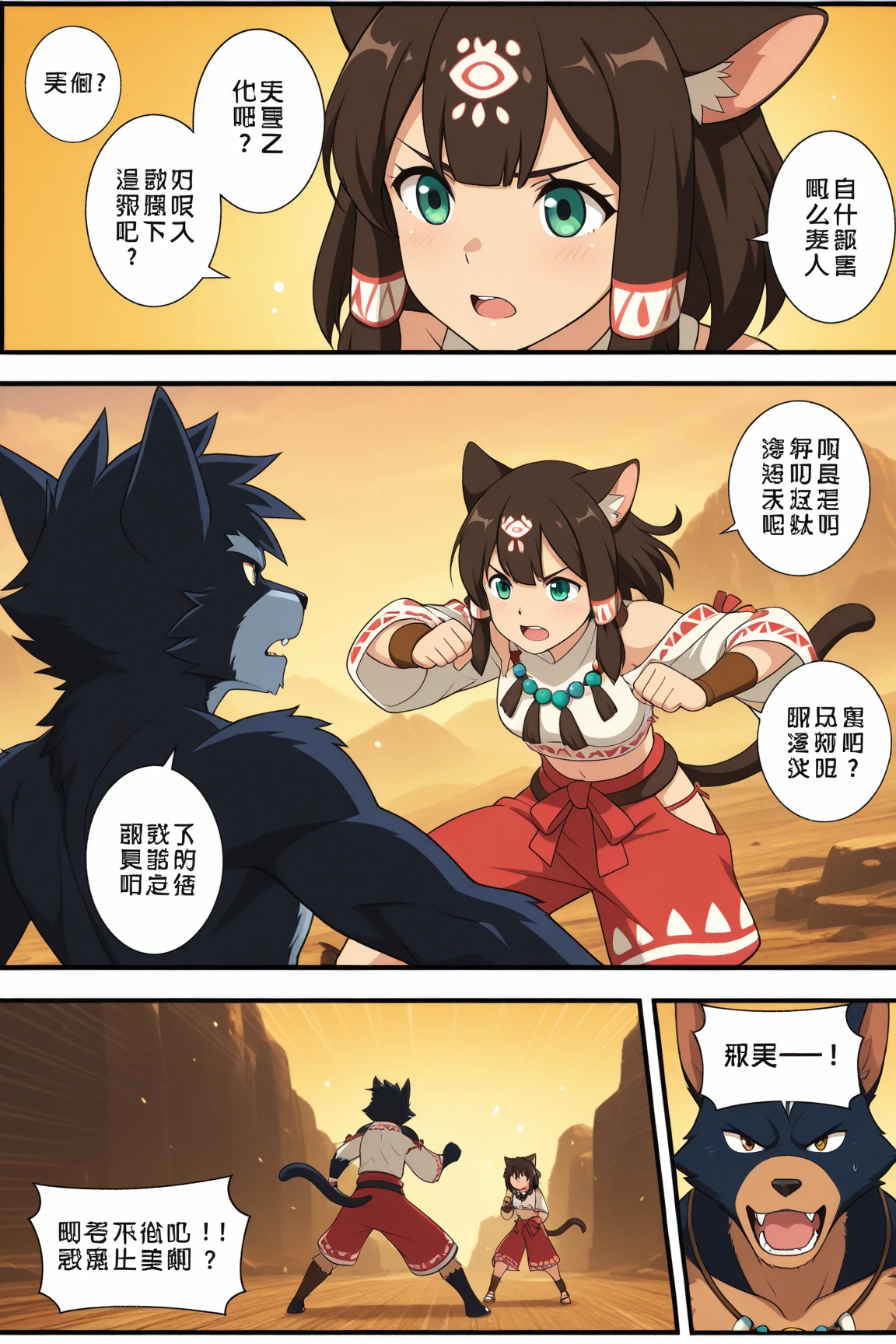 Best Quality, Beautiful shadows, anime style, transformation, best quality, cat girl,  Beast Man, A fistfight between a beautiful cat tribe and a beautiful dog tribe, battle, comic expression, Chinese text, multiview, article, Expressiveh, baseoutfit, dynamic composition
