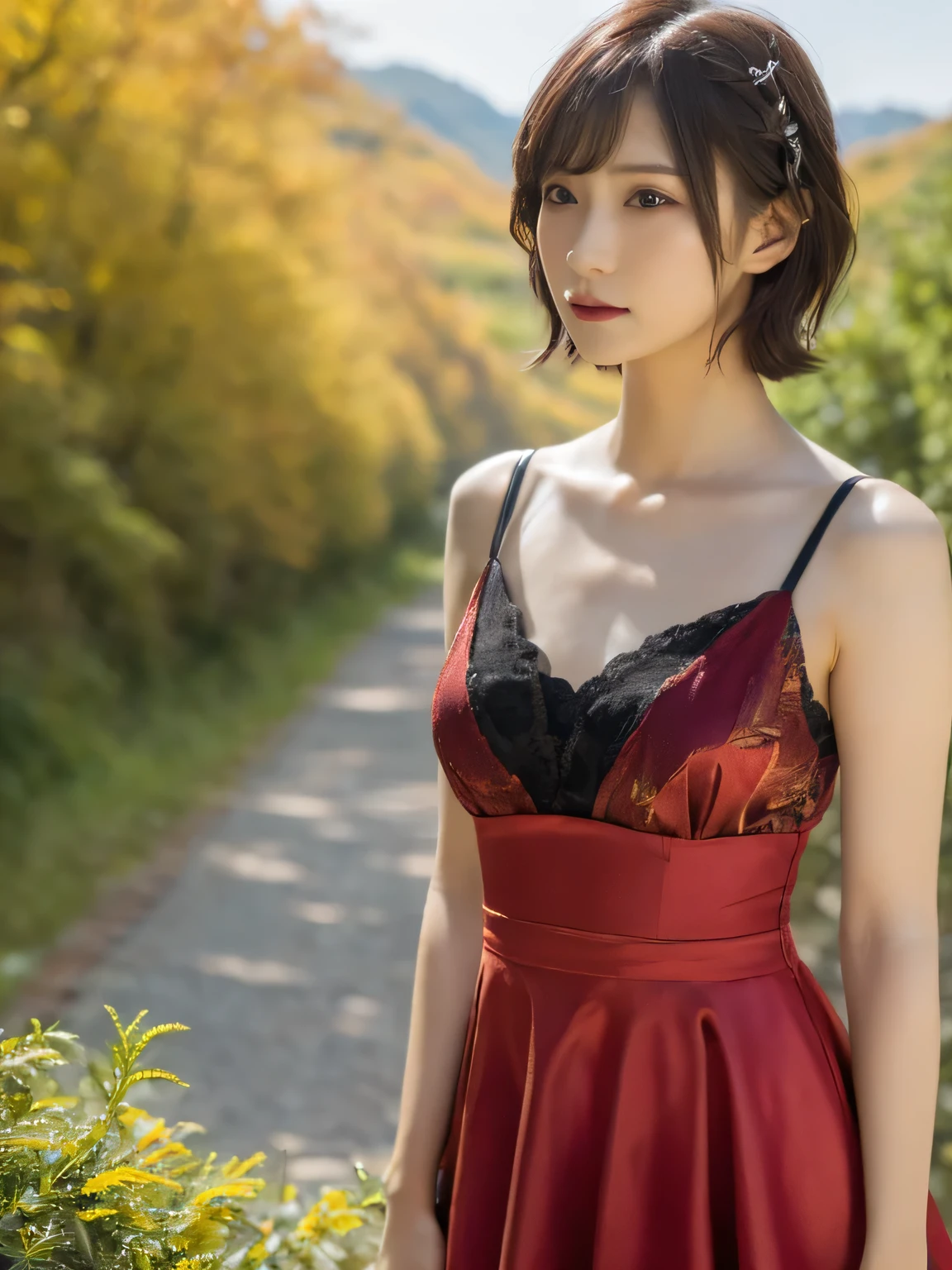 1 girl, A very beautiful portrait of a Japanese singer, ( Red Dress), ( gothic makeup), (RAW Photo Best Quality), (Realistic, Realistic:1.4), (masterpiece), Very detailed, 2k wallpaper, wonderful, finely, Very detailed, CG Unity 8k Wallpaper, Very detailed, high definition, Soft light, Beautiful Girl Carefully Drawn in Every Detail, Very detailedな目と顔, Beautiful and Elegant Nose, beautiful beautiful eyes, Film Lighting, (Bromide photography), (short hair), (The girl is standing on an abandoned railway line in a rough mountainous area:1.2), ( covered with weeds road), (An unmanned home with no roof and weeds growing), (Decayed sleeper), (autumn leaves), perfect anatomy, 細身の体, smaller breasts, Thin legs, whole body, I am so lonely,
perfect anatomy, 細身の体, smaller breasts, Thin legs, whole body, I am so lonely, Random body orientation,