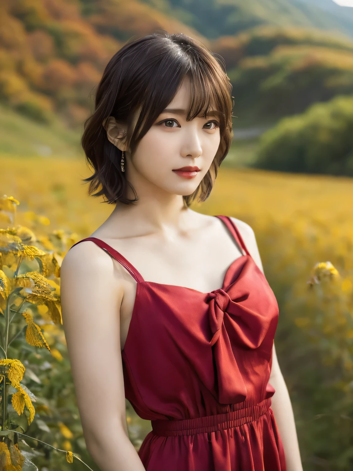 1 girl, A very beautiful portrait of a Japanese singer, ( Red Dress), ( gothic makeup), (RAW Photo Best Quality), (Realistic, Realistic:1.4), (masterpiece), Very detailed, 2k wallpaper, wonderful, finely, Very detailed, CG Unity 8k Wallpaper, Very detailed, high definition, Soft light, Beautiful Girl Carefully Drawn in Every Detail, Very detailedな目と顔, Beautiful and Elegant Nose, beautiful beautiful eyes, Film Lighting, (Bromide photography), (short hair), (The girl is standing on an abandoned railway line in a rough mountainous area:1.2), ( covered with weeds road), (An unmanned home with no roof and weeds growing), (Decayed sleeper), (autumn leaves), perfect anatomy, 細身の体, smaller breasts, Thin legs, whole body, I am so lonely,
perfect anatomy, 細身の体, smaller breasts, Thin legs, whole body, I am so lonely, Random body orientation,