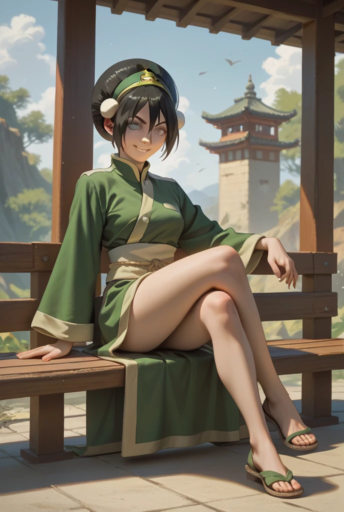 masterpiece, best quality, highres, 1girl, solo, black hair, hairband, belt, short hair, dress, blue eyes, hair bun, green hairband, blind, chinese clothes, hair bun, green dress, short sleeves, pelvic curtain, barefoot, fighting stance, rock, outdoors, --auto