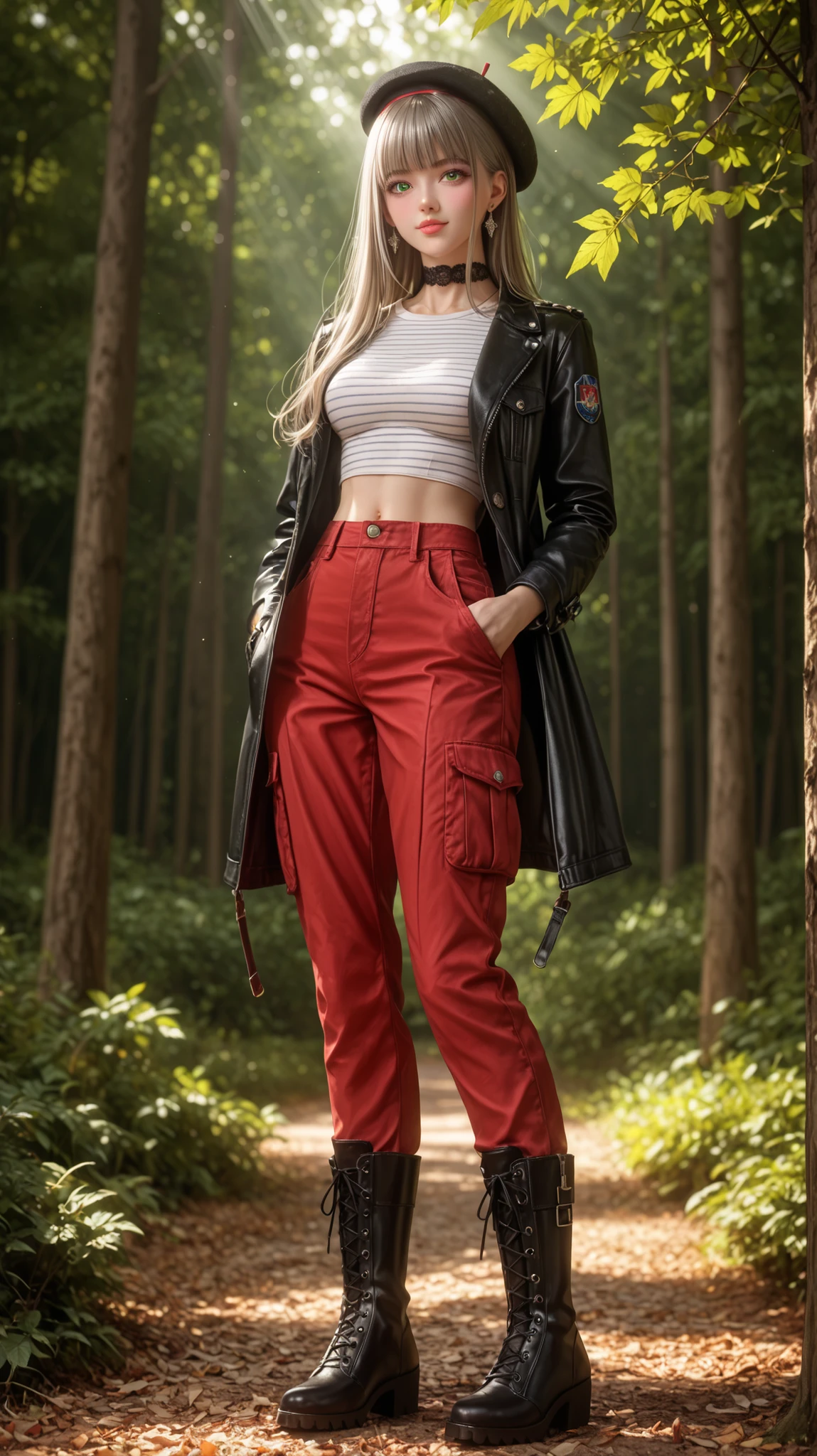 masterpiece, best quality, (anime coloring:1.2), dark_art_style,
solo, 1girl, long hair, choppy bangs, long sidelocks, emerald eyes, detailed eyes, hair behind ear, silver earrings, blush, pink lips, black choker, casual outfit, striped white shirt, midriff, navel, red cargo pants, black jacket, leather jacket, black boots, lace-up boots, black beret, standing, hand in pocket, forest background, sunlight, leaves on ground, foliage, outdoors, trendy, confident pose, slender physique, soft shadows, vibrant, modern fashion, realistic lighting, full body, looking at viewer, model, modeling,