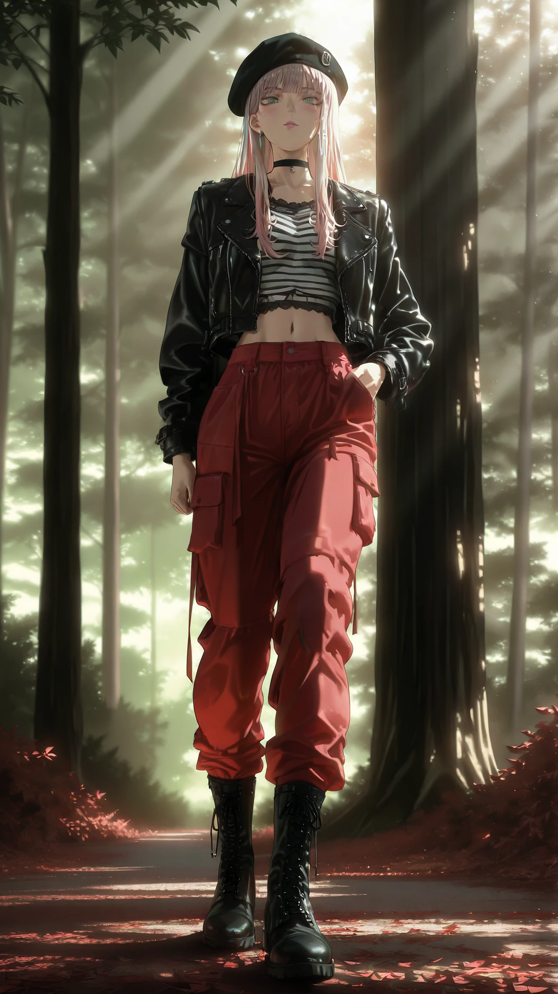 masterpiece, best quality, (anime coloring:1.2), dark_art_style,
solo, 1girl, long hair, choppy bangs, long sidelocks, emerald eyes, detailed eyes, hair behind ear, silver earrings, blush, pink lips, black choker, casual outfit, striped white shirt, midriff, navel, red cargo pants, black jacket, leather jacket, black boots, lace-up boots, black beret, standing, hand in pocket, forest background, sunlight, leaves on ground, foliage, outdoors, trendy, confident pose, slender physique, soft shadows, vibrant, modern fashion, realistic lighting, full body, looking at viewer, model, modeling,