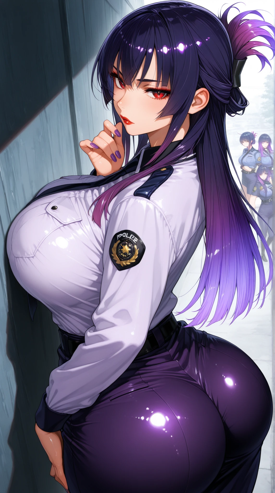 (masterpiece, best quality:1.2), cowboy shot, solo, 1girl, highres, bluearchiveyuuka, yuuka, blue eyes, halo, purple hair, two side up, long hair,
BREAK belt, black gloves, (black suit:1.5), black skirt, blue necktie, gloves, halo, jacket, necktie, off shoulder, skirt, two-sided fabric, two-sided jacket, white belt, (white jacket:1.5),
BREAK looking at viewer, arms behind back, (microbikini:1.2), navel, belly, (wide hips, thick thighs:1.2), mature female, (large areolae), (puffy nipples), mascara, long eyelashes, angry, closed mouth, (pubic hair:1.3), indoors