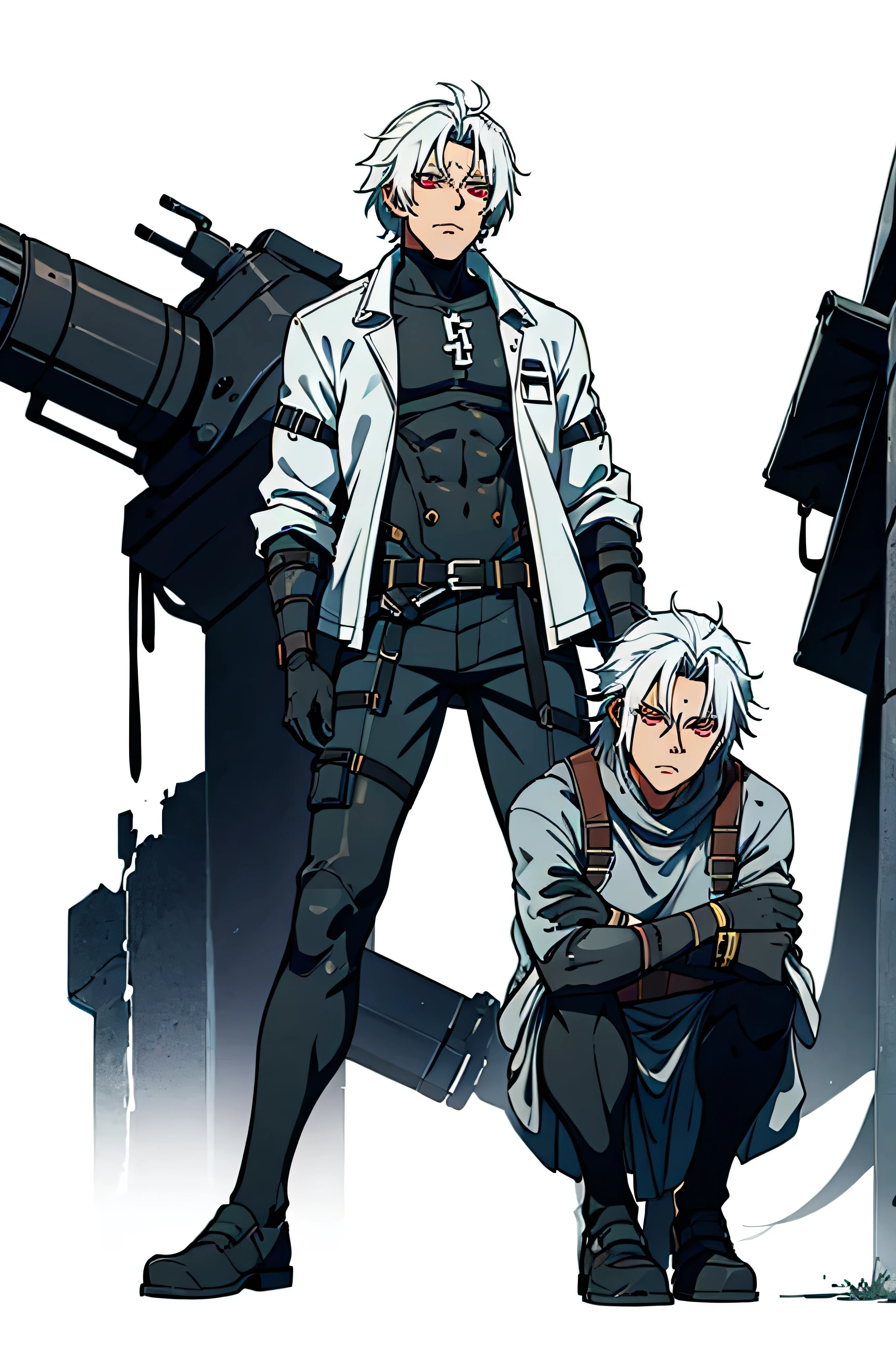 1 old man, full body, tanned skin, white hair, short hair, red eyes, apocalyptic, worn out clothes, white background