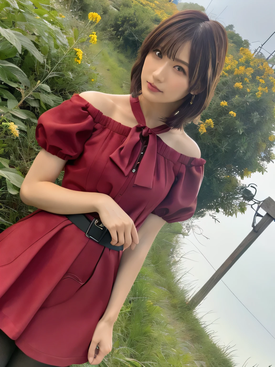 1 girl, A very beautiful portrait of a Japanese singer, ( Red Dress), ( gothic makeup), (RAW Photo Best Quality), (Realistic, Realistic:1.4), (masterpiece), Very detailed, 2k wallpaper, wonderful, finely, Very detailed, CG Unity 8k Wallpaper, Very detailed, high definition, Soft light, Beautiful Girl Carefully Drawn in Every Detail, Very detailedな目と顔, Beautiful and Elegant Nose, beautiful beautiful eyes, Film Lighting, (Bromide photography), (short hair), (The girl is standing on an abandoned railway line in a rough mountainous area:1.2), ( covered with weeds road), (An unmanned home with no roof and weeds growing), (Decayed sleeper), (autumn leaves), perfect anatomy, 細身の体, smaller breasts, Thin legs, whole body, I am so lonely,
perfect anatomy, 細身の体, smaller breasts, Thin legs, whole body, I am so lonely, Random body orientation,
