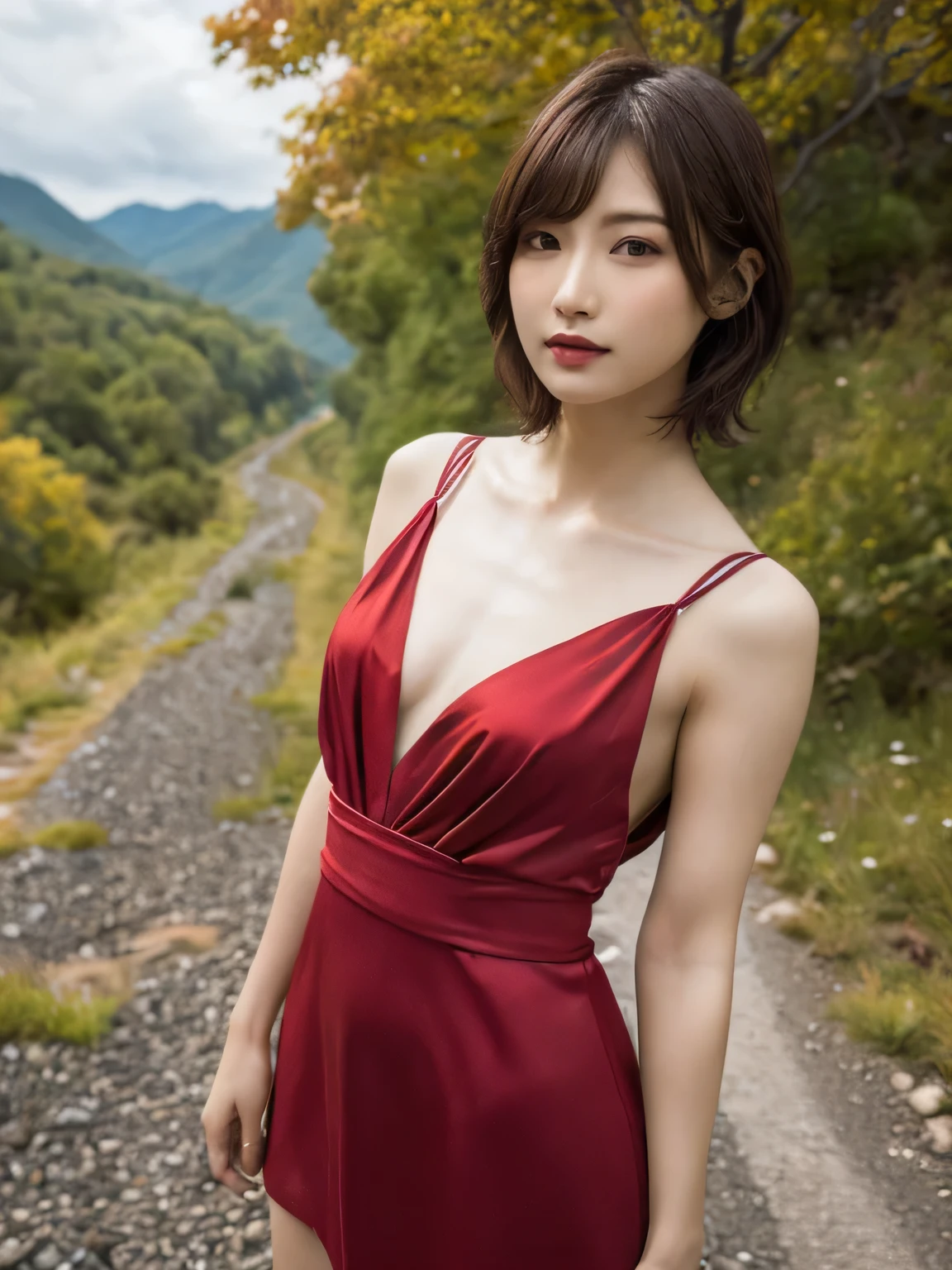 The beauty of 8K raw photos:2.0, Japanese woman, short hair, beautiful face and dark eyes, looking down, looking at the viewer:1.5, big smile, wet hair, tiny top, (red dress:1.2), shinny skin, open wide legs, realistic:1.9, very detailed, full body shot:1.2, High resolution RAW color photos, professional photos, Taken at the river side at sunrise time, girl sexy portrait