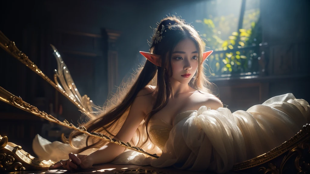 Artgerm (Stanley Lau) style, one piece (Wano Saga) style, best quality, ultra realistic, 16k, crazy resolution, UHD, ultra-detailed, detailed eyes, detailed skin, detailed hair, detailed face, detailed fabric, detailed texture , (1 beautiful young woman, alone: 1.1), tall, (elf) a vulcan girl from star trek (Sharon Tate (The Fearless Vampire Killers), pointed ears, tanned skin, realistic skin texture, tanned brown skin, realistic hair, long (light brown) hair, blonde gradient tones hair, two-tone hair, high ponytail, hair stick , ornament hair), (natural big breasts:1.2), (sideboob:1.2), jewelry, (turquoise eyes), cowboy shot, V-shaped green eyes, ((hourglass shape)), hot naked, (Blurred in vibrant cinematic light), warm atmosphere, Show all, ultra-detailed, fine details, nude, (proportional) big hips, thick thighs, tall, Natural Color Lip, face with expression of pleasure and tiredness , different sensual poses at different angles, futuristic retro bedroom with neon lights (blurred background)、20 years old、dream atmosphere 