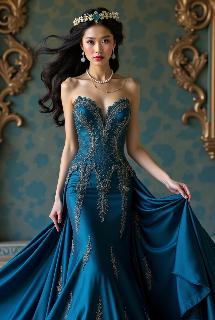 ((masterpiece)),((best quality)),((high details)),((realistic)), waist length photo of a beautiful girl wearing blue Glamorous Evening Gown, (elaborate embellishments, intricate beading, sequins and embroidery dress), Elegant updo with soft tendrils hair, A modern urban rooftop with city skyline views background, 8k