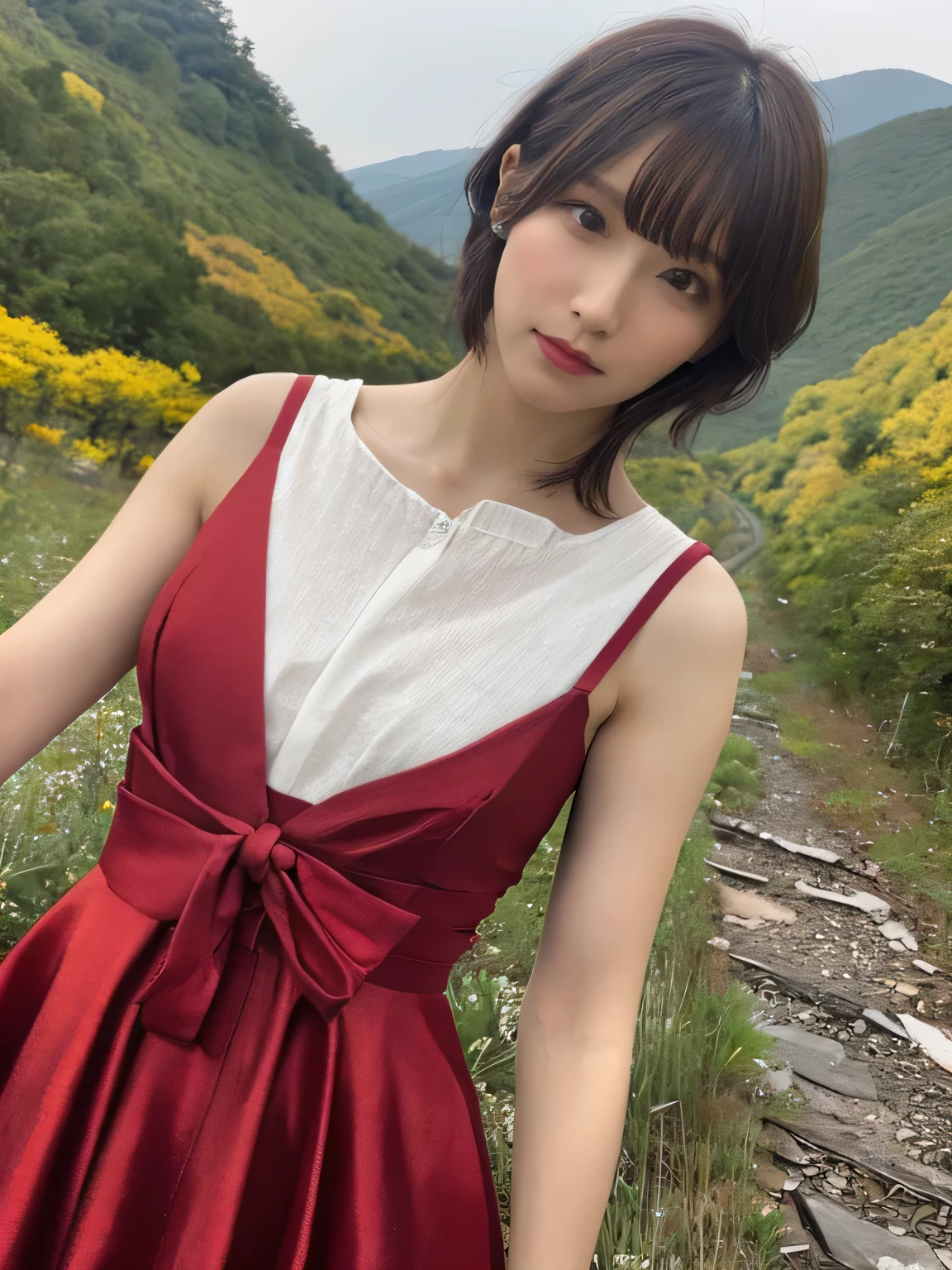 1 girl, A very beautiful portrait of a Japanese singer, ( Red Dress), ( gothic makeup), (RAW Photo Best Quality), (Realistic, Realistic:1.4), (masterpiece), Very detailed, 2k wallpaper, wonderful, finely, Very detailed, CG Unity 8k Wallpaper, Very detailed, high definition, Soft light, Beautiful Girl Carefully Drawn in Every Detail, Very detailedな目と顔, Beautiful and Elegant Nose, beautiful beautiful eyes, Film Lighting, (Bromide photography), (short hair), (The girl is standing on an abandoned railway line in a rough mountainous area:1.2), ( covered with weeds road), (An unmanned home with no roof and weeds growing), (Decayed sleeper), (autumn leaves), perfect anatomy, 細身の体, smaller breasts, Thin legs, whole body, I am so lonely,
perfect anatomy, 細身の体, smaller breasts, Thin legs, whole body, I am so lonely, Random body orientation,