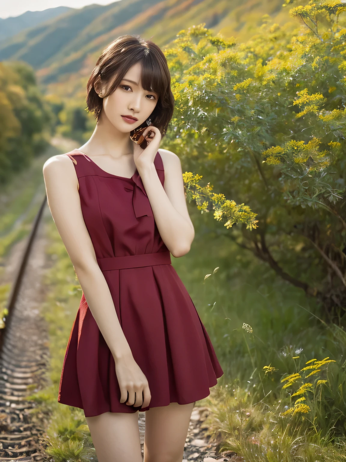 1 girl, A very beautiful portrait of a Japanese singer, ( Red Dress), ( gothic makeup), (RAW Photo Best Quality), (Realistic, Realistic:1.4), (masterpiece), Very detailed, 2k wallpaper, wonderful, finely, Very detailed, CG Unity 8k Wallpaper, Very detailed, high definition, Soft light, Beautiful Girl Carefully Drawn in Every Detail, Very detailedな目と顔, Beautiful and Elegant Nose, beautiful beautiful eyes, Film Lighting, (Bromide photography), (short hair), (The girl is standing on an abandoned railway line in a rough mountainous area:1.2), ( covered with weeds road), (An unmanned home with no roof and weeds growing), (Decayed sleeper), (autumn leaves), perfect anatomy, 細身の体, smaller breasts, Thin legs, whole body, I am so lonely,
perfect anatomy, 細身の体, smaller breasts, Thin legs, whole body, I am so lonely, Random body orientation,