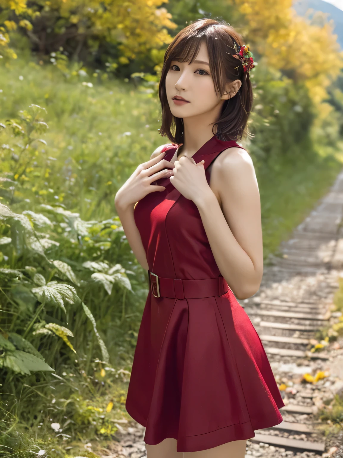 1 girl, A very beautiful portrait of a Japanese singer, ( Red Dress), ( gothic makeup), (RAW Photo Best Quality), (Realistic, Realistic:1.4), (masterpiece), Very detailed, 2k wallpaper, wonderful, finely, Very detailed, CG Unity 8k Wallpaper, Very detailed, high definition, Soft light, Beautiful Girl Carefully Drawn in Every Detail, Very detailedな目と顔, Beautiful and Elegant Nose, beautiful beautiful eyes, Film Lighting, (Bromide photography), (short hair), (The girl is standing on an abandoned railway line in a rough mountainous area:1.2), ( covered with weeds road), (An unmanned home with no roof and weeds growing), (Decayed sleeper), (autumn leaves), perfect anatomy, 細身の体, smaller breasts, Thin legs, whole body, I am so lonely,
perfect anatomy, 細身の体, smaller breasts, Thin legs, whole body, I am so lonely, Random body orientation,