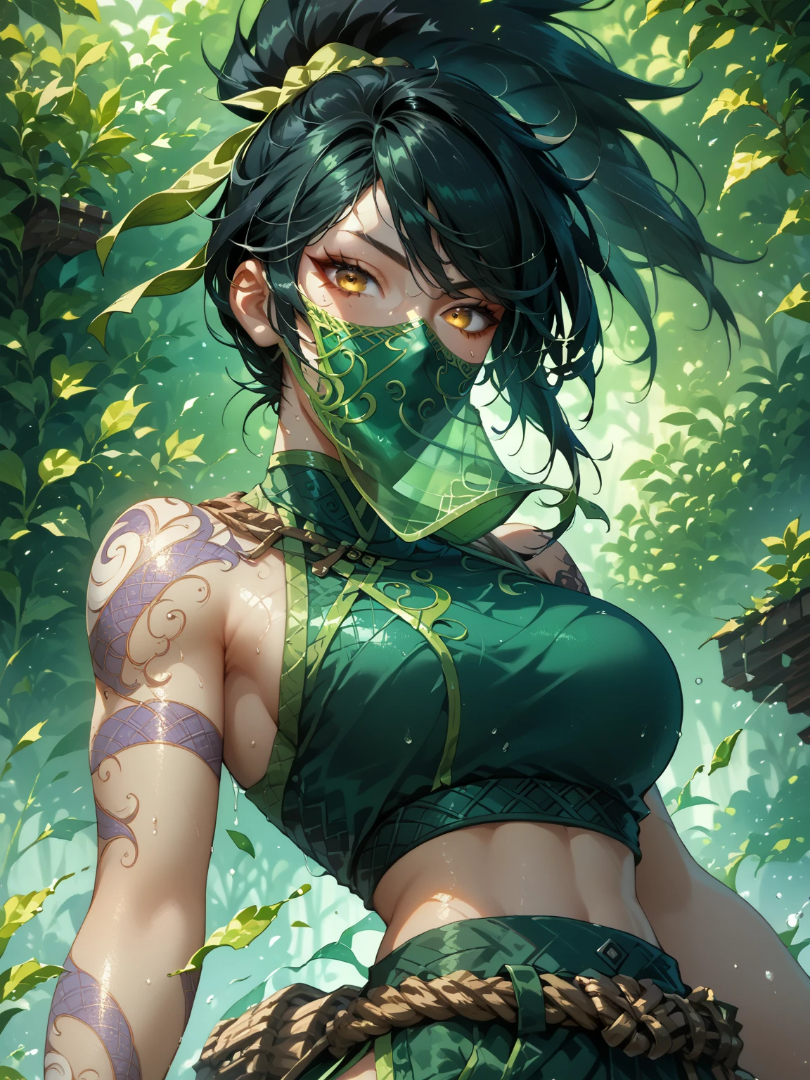 A frog princess (cute asian woman, age 25, over large eyes, loose frog costume) is dancing to celebrate the rain, frogs dance and sing around her, mushroom circle in a forest glade, rainy night