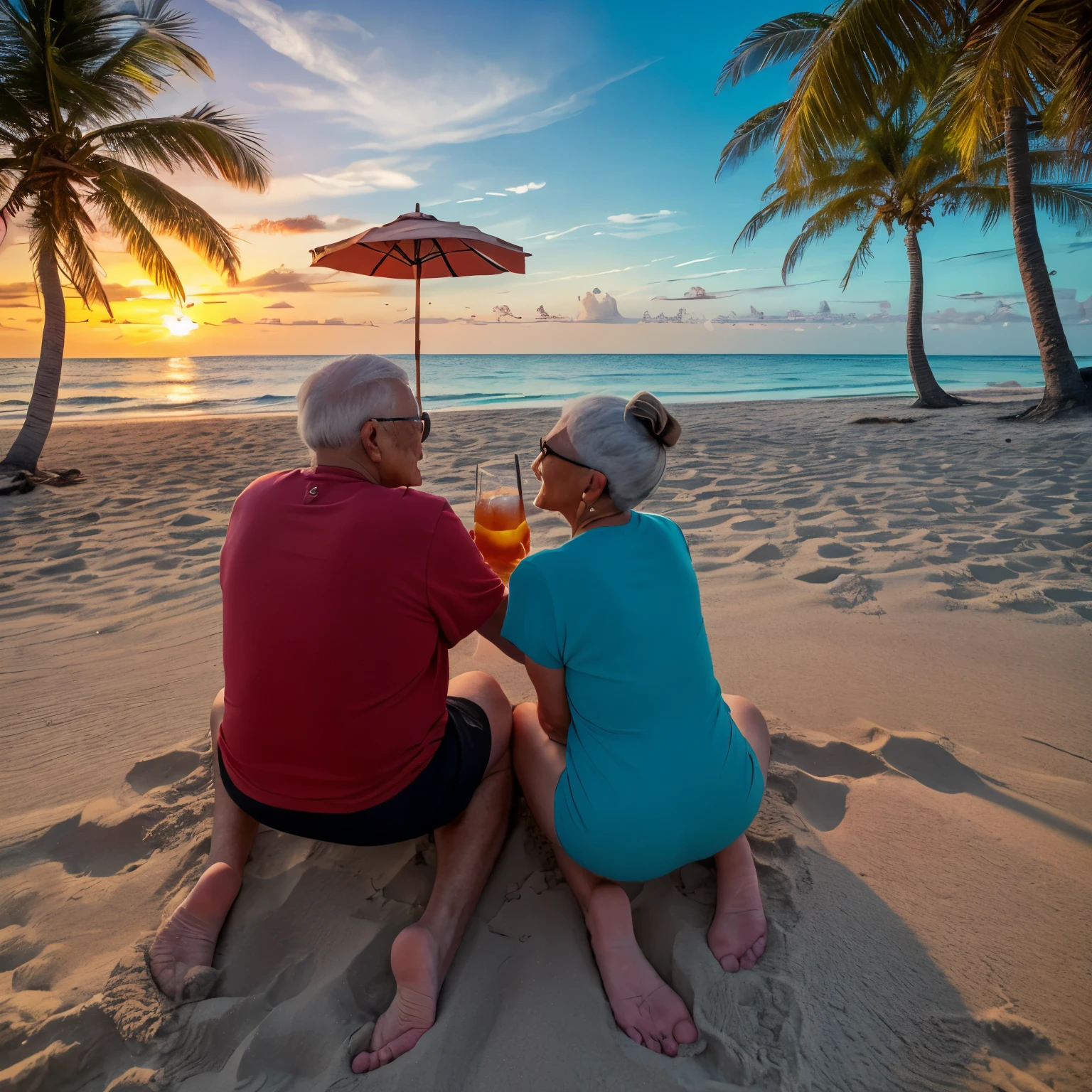 High quality photography of an elderly couple who are on a white sand beach and a crystal blue sea, with palm trees, they are enjoying a vacation, having a drink in a coconut, the scene is on a beautiful afternoon with an impressive sunset, the sky is blue with some reddish tones