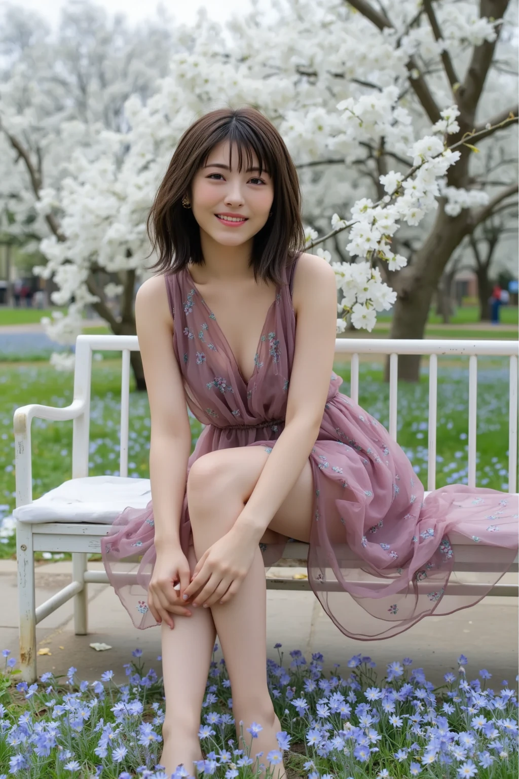 Top Quality, (Photorealistic:1.2), Miko, 1girl, Solo, Real, Sleeveless, Chest, Short hair, Brown hair, Water, Bow, Ribbon trim, Soaking wet feet, Ribbon trim sleeves, Sitting, Lips,Barefoot, Brown eyes, Holding, Bare shoulders, Nose, Small breasts, Red lips, (pink, smile, face light, eye light, jewelry, purple eyes, earrings, depth of field, full body, shiny skin,