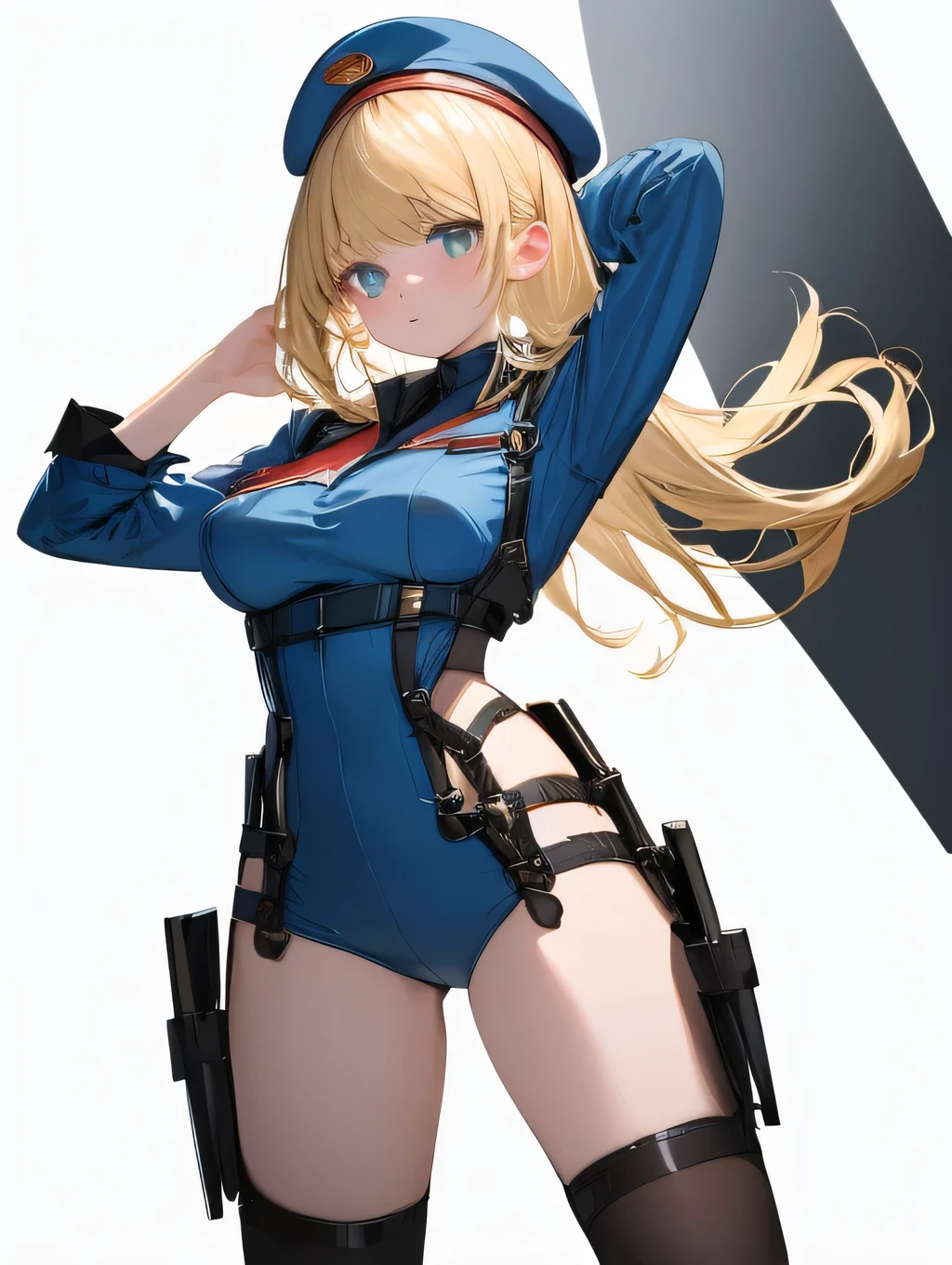 ((Best quality, 8K, Ultra-detailed, Masterpiece: 1.3)), 3 girl, Shiny skin, Sharp, Perfect body beauty, realistic shadow perfect body,("Dark grey and deep blue navy officer uniform,beret,futuristic,Transparent ":1.2),Big_Breasts ,Young girl, short girl,upper legs , indoors, White background,cleavage, standing arms down, fighter pilot harness,M legs， your ass, ("ahoge,Blonde long hair":1.5), portrait shot,(" no background,no object":2),masterpiece, best quality, 