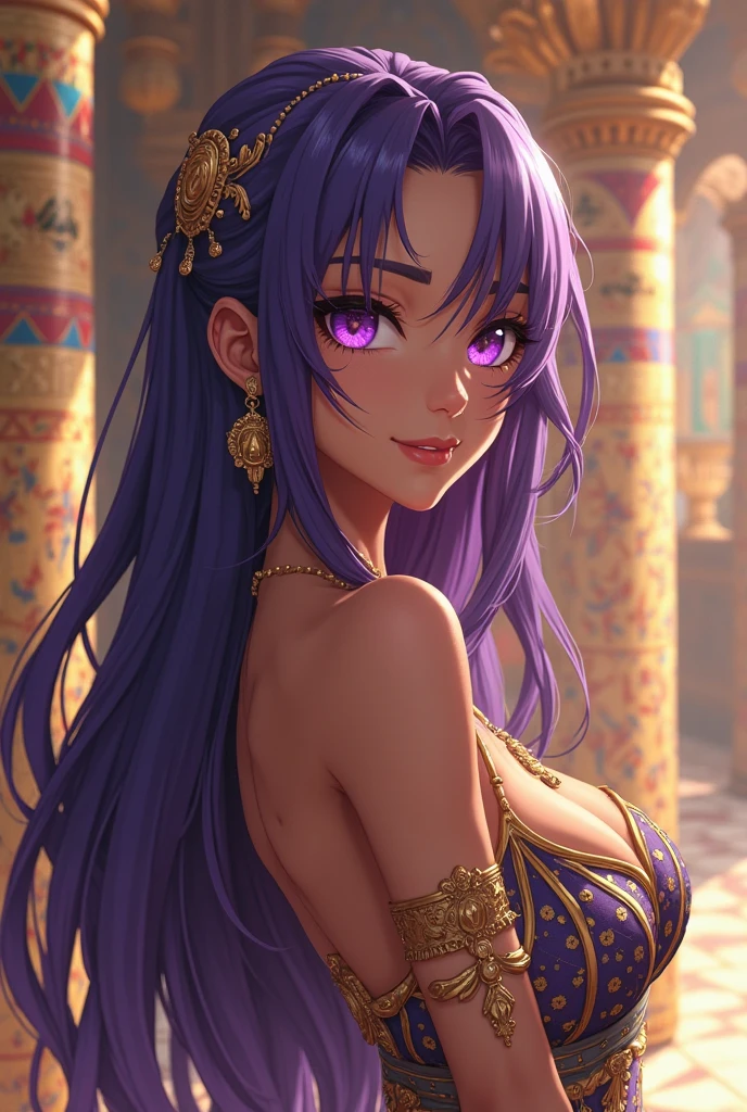 1 beautiful woman, tanned skin, long dark purple hair, golden eyes, ((detailed eyes:1.2)), medium breasts, wearing translucent wedding dress, elegant, sensual, sideboob, (masterpiece, top quality, best quality, official art, beautiful and aesthetic:1.2), extreme detailed, colorful, highest detailed