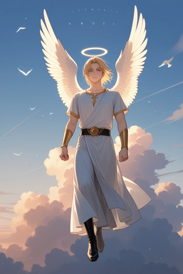 An anime style male angel in a white robe, without an arm, with a spear of light , and an angel hoop