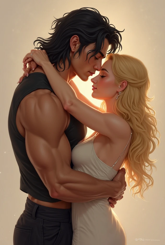 A man with dark blond hair, long and is formed in a bun, He wears a black shirt and black pants, emanates darkness, He is taking a woman in his arms while kissing her. The man reveals his attractive, angelic and intimidating face, with defined jaw, muscular, with a little blonde beard, He has his eyes closed while he is hugging and kissing the young woman, delicate and beautiful woman with porcelain skin, long, straight, jet-black hair, revealing the beautiful, delicate face of that woman, She still has her eyes closed enjoying the kiss and the hug. She emanates light. at night, in the moonlight in the forest. Hades and Persephone. ((The darkness that emanates from man is like a fog but stronger.)) animated art