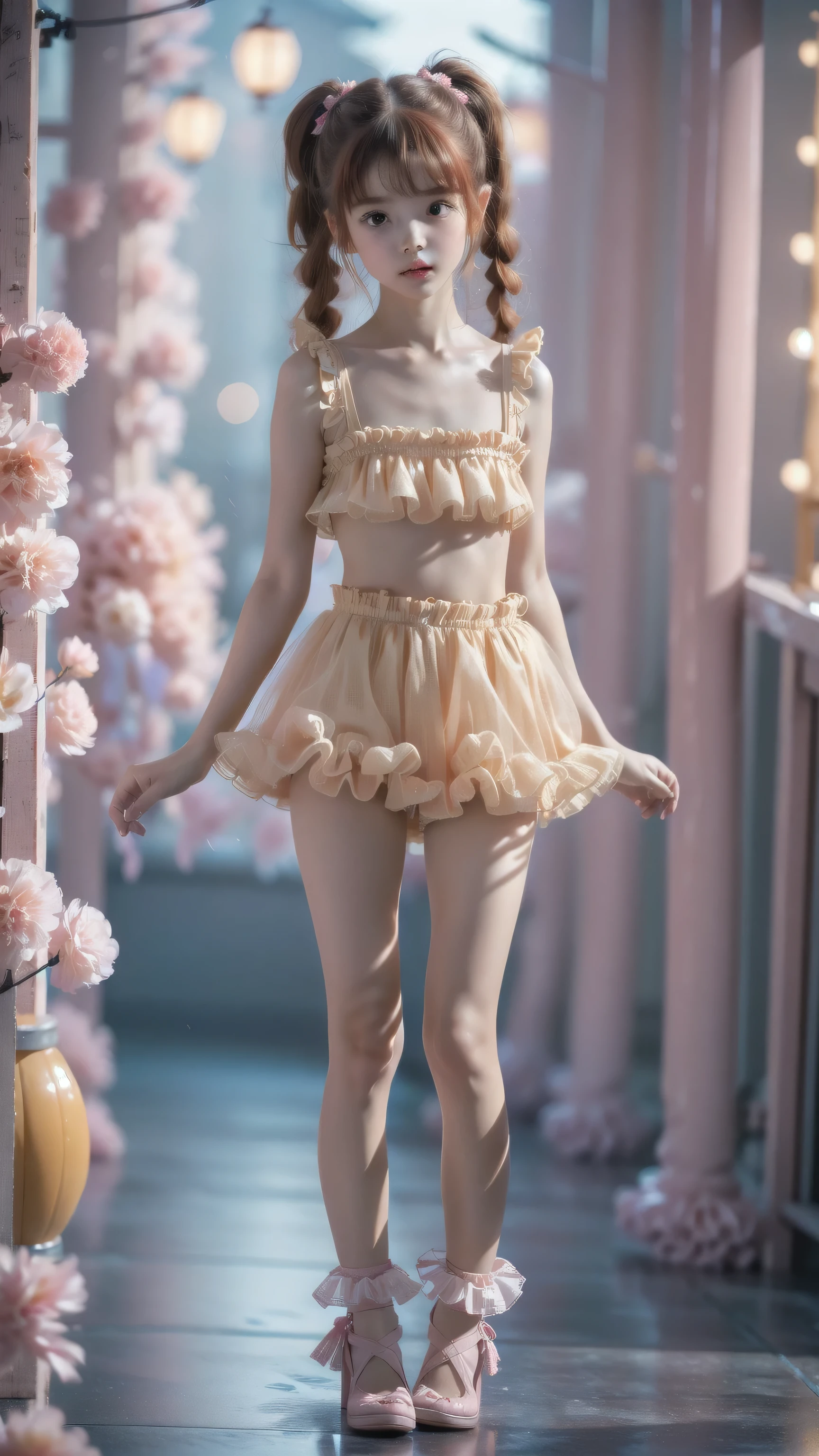 10 year old girl underwear, Realistic bloomers made from patterned cotton fabric, Medieval one-piece dress with panniers, Fabric Realism, Low - Angle, I see bloomers, Pull up the dress by hand, Strong winds, Translucent slip, Translucent slip, tights, Highest quality, Crotch close-up, whole body