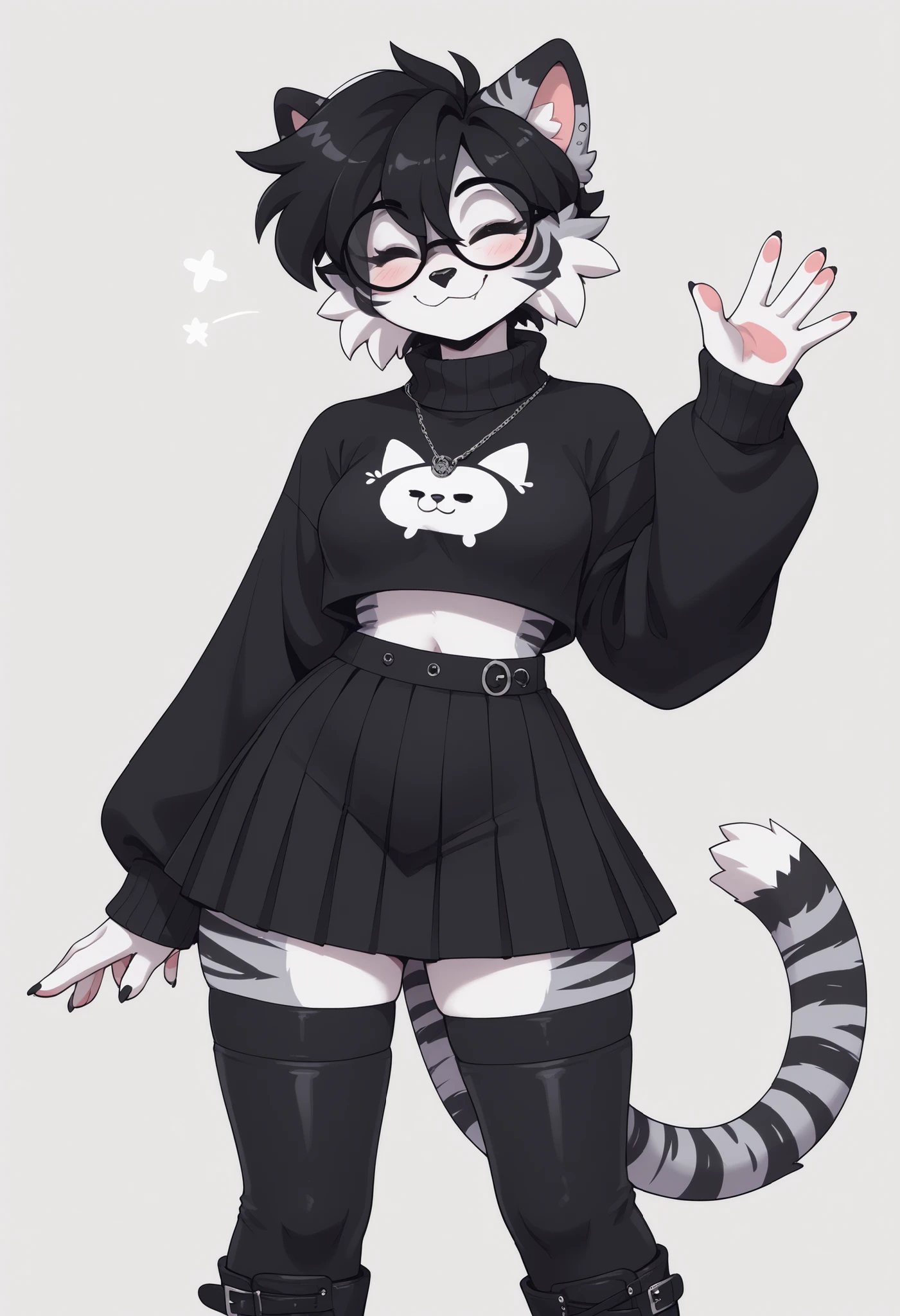 (Masterpiece) (High Detail) (High Res) A short, slim, curvy and cute fluffy black cat furry with Black and Dark Grey fur with black tiger stripes and white tummy fur and closed eyes and a curvy effeminate shape and black spikey emo hair and thick thighs and curvy hips and a fluffy black stripy tail and a black cat nose and medium breasts. She is wearing glasses and has black spikey emo hair and is looking nervous and shy. Slight smirk. She is stood outside at night and is wearing a oversized baggy sweater and pleated skirt and thigh-high stockings and leather boots. She is smiling and waving happily.