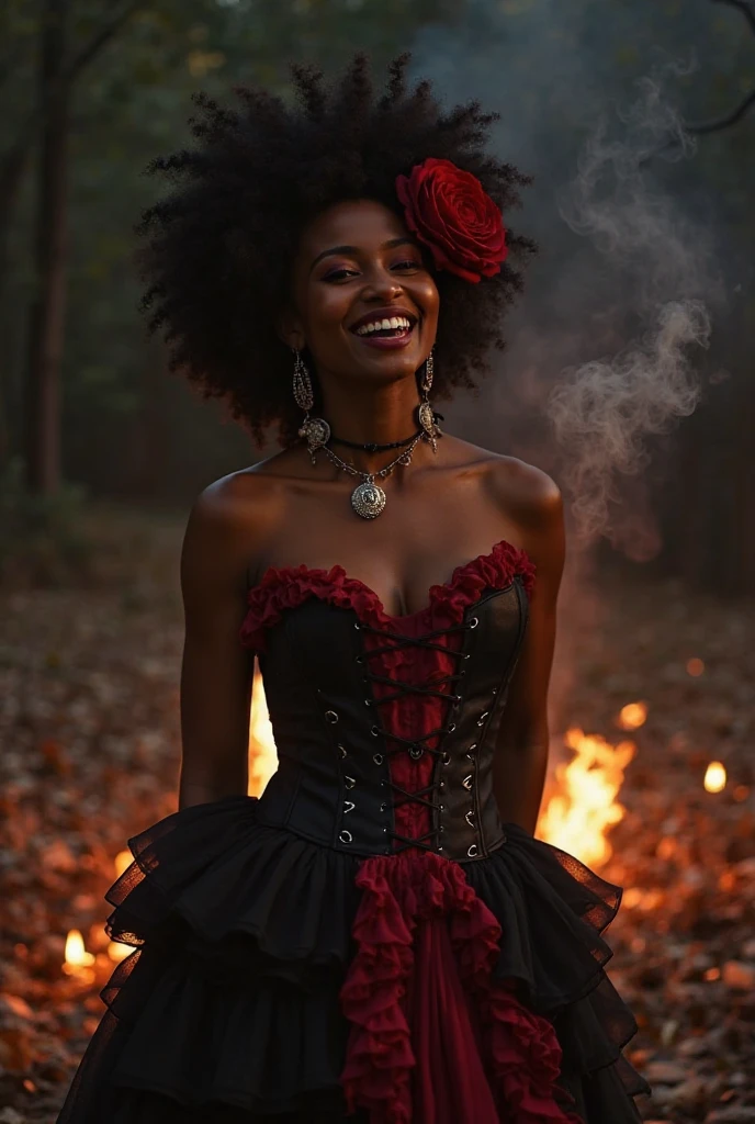 Realistic image of a Black woman, with black curly hair, with a smile on her face with red lipstick, holding a candle in one hand and her skirt in the other. Her outfit is a black corset and a red ruffled skirt., the girl is spinning. In the background, a dirt road with a clear sky and the moon illuminating it. On the ground by the road, a lit cauldron and a bowl of peppers.