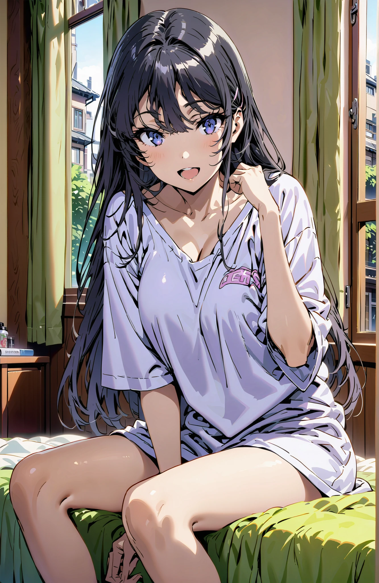 purple eyes,cover,smile,open your mouth,narrows her eyes,black hair,