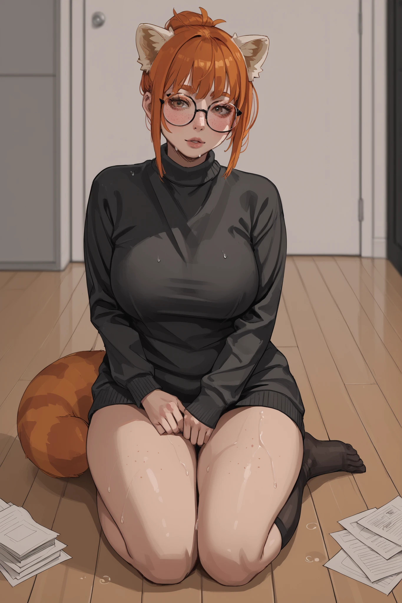 1 girl, short ginger hair, bangs, red panda ears, red panda tail, freckles on body, voluptuous, saggy body, black frame glasses, black sweater, black knee high socks, rubbing thighs together, wet between thighs, pressed lips, flushed face, office slutt, kneeling on floor, papers on floor