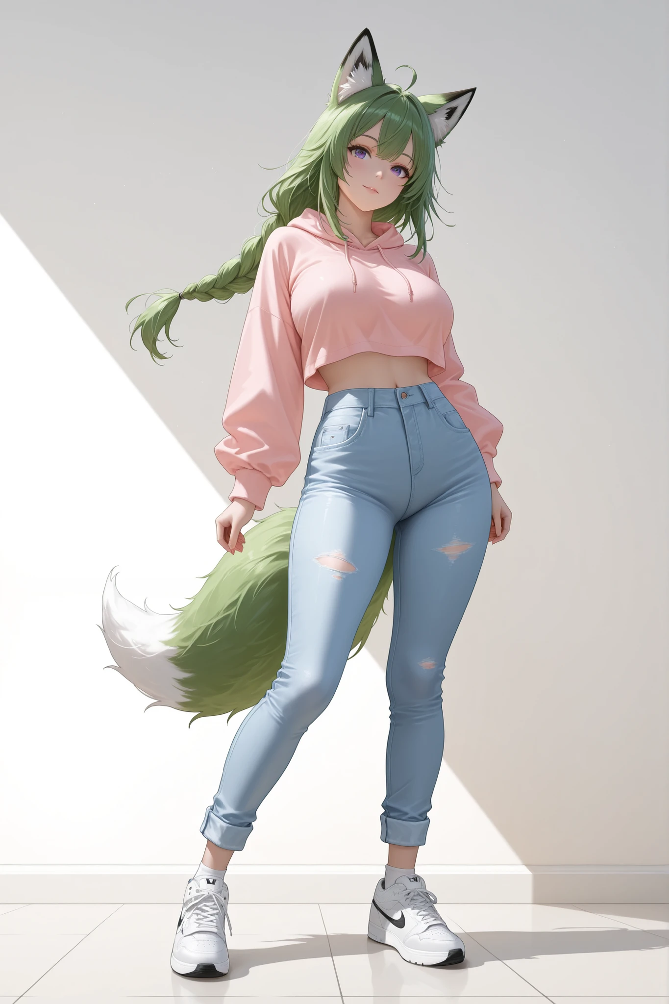 1fox girl,sexy,fox girl ,purple eyes,green Hair,braided ponytail,big Breasts
wearing casual sneakers with ankle socks,
white Nike Air Force 1 sneakers, light blue denim jeans,
wearing a lightweight cropped hoodie in pastel pink,
relaxed and sporty vibe, natural pose,
fashion photography studio background, soft lighting, clean minimal aesthetic,
BREAK masterpiece,best quality,amazing quality,aiu2,photorealistic,high-resolution,newest,illustration,official art,art style,fantasic illustration,(real skin:1)