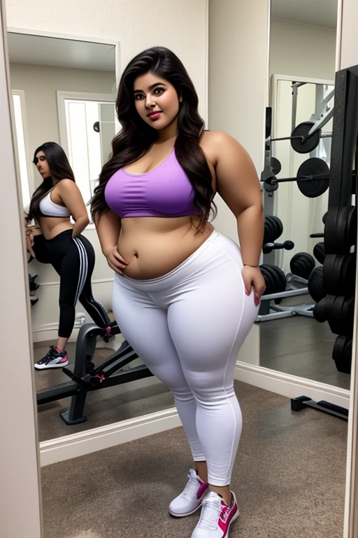 best quality, ultra high res, (photorealistic:1.4), 8k resolution, (random hair:1.3), (realistic hair:1.2), (Japanes girl:1.2), (realistic eyes:1.2), (beauty face:1.3), white glowing skin, (Nike crop top, Nike shorts, sneaker), (huge breasts:1.25), huge tits, cleavage, thick thighs, large ass, wide hips, curvy, busty, hourglass figure, 1girl, solo, standing pose, (gym background:1.2), (black hair)