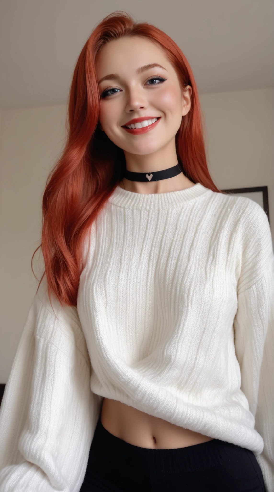 (((solo girl))) ( 1 girl) , upper body shot , shot from below , RAW photo, (yo skinny redhead girl:1.2), (( ((intense red hair)) (( very long hair)), blanking, graphic eyeliner, Rouge, (lipstick:0.6), ( choker:0.9), REALISTIC SKIN TEXTURE , oversized knitted sweater , (red:0.8), Softcore, warm lighting on both sides of the frame , cozy atmosphere , Instagram style , nsfw , Naive, shy ass, short, thin, fit, beautiful, cute, pale skin, ((small smile)) (( blanking smile)),