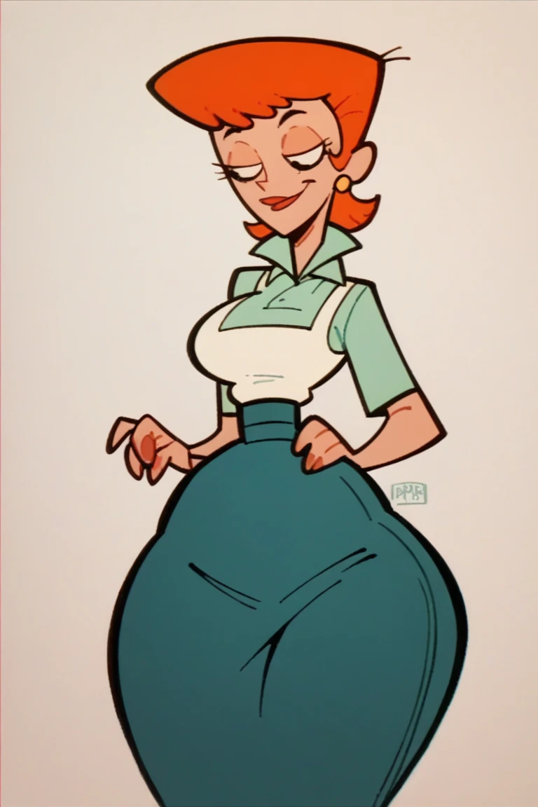 score_9, score_8_above, score_7_above, BREAK, 1 girl, Alone, old, dextersmom, makeabove, jewelry, gloves, shirt, apron, aboveper body, portrait, mature woman, simple background, thick thighs, Wide hips, big ass, slightly showing the crack in the butt, showing big butt,