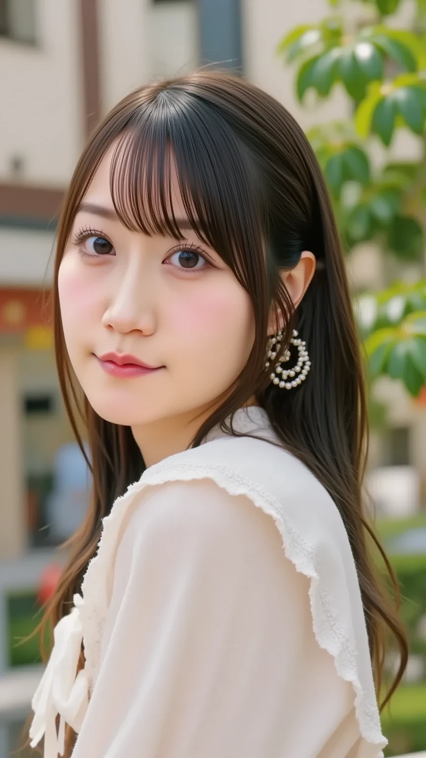 (RAW photo, best quality), (realistic, photo-realistic:1.3), masterpiece, an extremely delicate and beautiful, extremely detailed , unity , 8k wallpaper, Amazing, finely detail, absurdres, incredibly absurdres, huge filesize , ultra-detailed, highres, extremely detailed, iu, ((staring)), (short ponytail:1.1), bangs, (short bangs:1.1), (asymmetrical bangs:1.3), trim, ((light on face)), ((looking at viewer)), straight-on, beautiful detailed girl, extremely detailed eyes and face, beautiful detailed eyes, closed mouth, black hair, collarbone, bare shoulders, longeyelashes, lace, <lora:Inami_Anju:0.8>