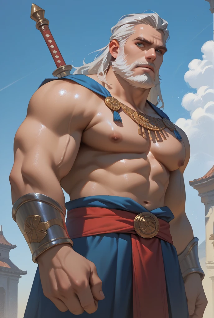Poseidon Knife,a Greek god with hair and a long brown beard with some white strands,He has a tridnet in his hands,high evening,stark,full of thick and huge muscles,male from male,wearing ancient Greco-Roman vestments, he will be having sex with the goddess Aphrodite ,A GREEK GODDESS, with blond hair,beautiful face and body and green Greco Roman costumes that leave her body semi naked, she will be in the roast chicken sexual position,the two of them are in a forest with Greco Roman architecture