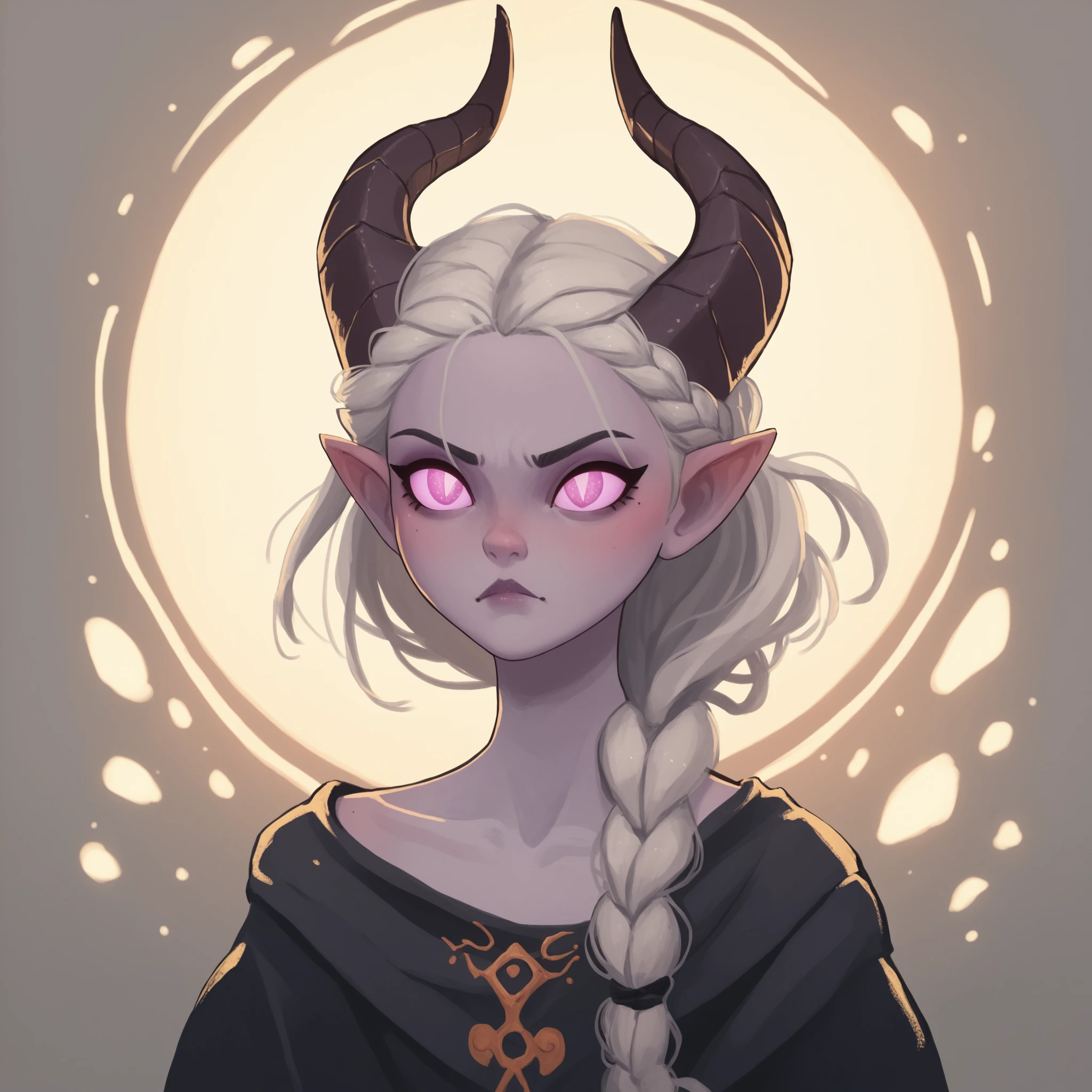 score_9 , score_8_up , score_7_up , score_6_up , MSMLN, 1girl, dark tiefling, pale violet skin, black braided hair, loose braid, high cheekbones, gorgeous