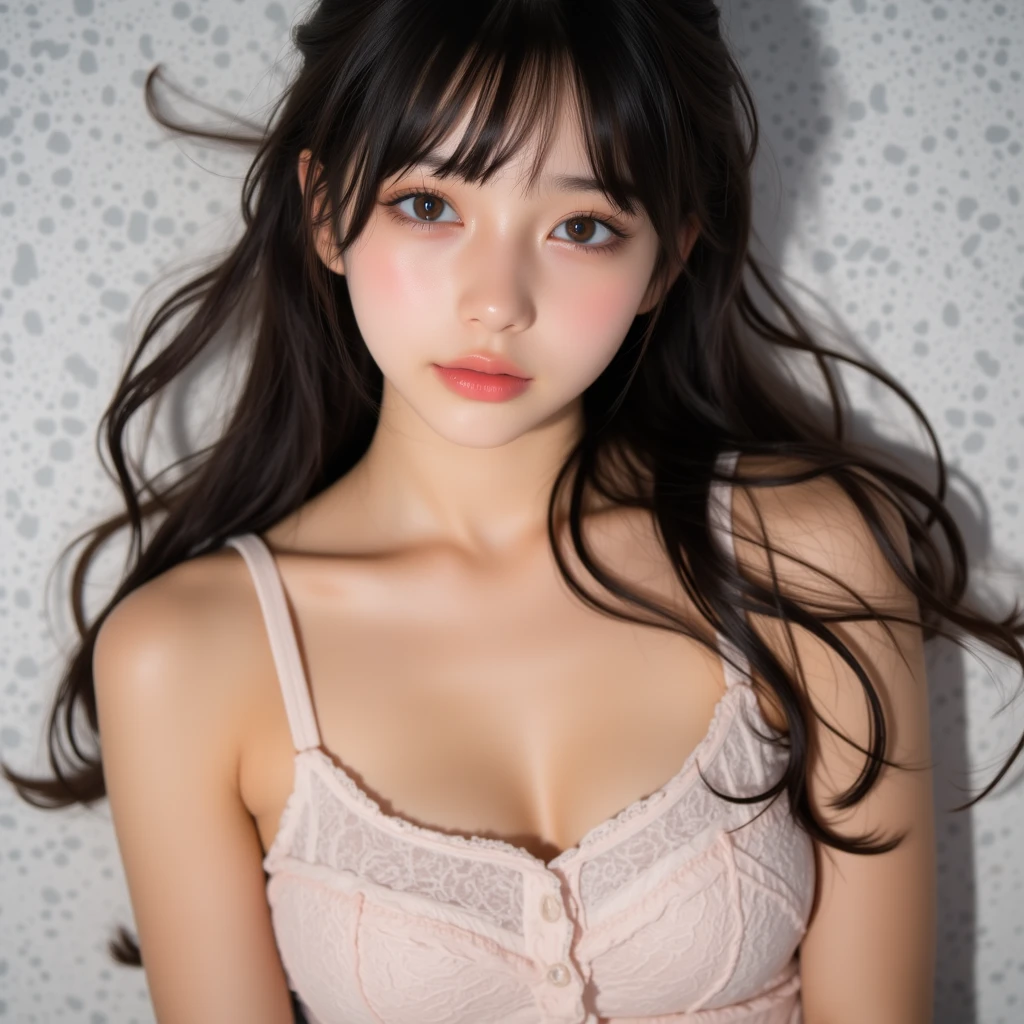 masterpiece, highest quality, 8k,Ultra-high resolution、Head to knee photo、 20th Generation, Large Breasts, cute, alone, sad, cute, Girlish, cute、Delicate girl, Pure beauty, RAW Photos, Professional photography, Soft Light, Professional Lighting, Backlight, avert your eyes, Sophisticated, Film Grain, (Eyes and facial details:1.0), Floating hair、Messy Hair、Wavy long hair、,Asymmetrical bangs, (A loose white see-through blouse)、(Large Breasts:1.2)、You can see a little cleavage、The nipple protrusions are clearly visible、(Micro Mini Skirt(Pink))、Voluptuous thighs、Translucent white skin、Dolly Makeup、(Odd Eye、The left and right eyes are different colors)