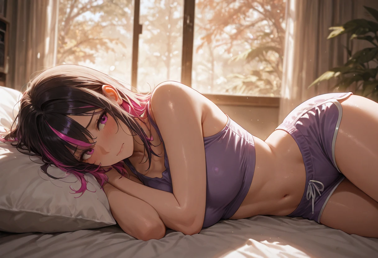 anime style, Movie Portrait Photography, 1 female, 30 years old, Full body Esbian, small and meager chest, bright purple hair, long hair, purple eyes, blue background eyes、eye make up,Gorgeous bed,Floor-to-ceiling night lights,floor to ceiling clear glass door,From the morning,元気よくmasturbation,purple theme,pretend to be asleep、Getting into bed,clear eyes,masturbation,sweat sweat,blush、Wet、Pants dig into、muscular pussy、Bed stains,Sloppy、Sloppy格好,short pants、T-back,Lying down in a ridiculous position、dirty room,cans of alcohol,(natural skin texture 鮮やかな詳細, surreal, (realistic detailed eyes, natural skin texture, realistic facial details), soft and dramatic lighting