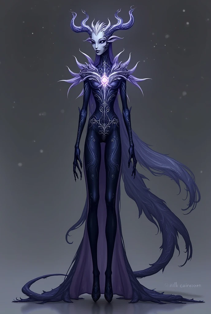Fullbody creature concept demon of envy looks like a frail and hunched nightmarish lord dressed in clothes woven from alive skin and meat, the small crown of rose from the head, black and ultramarine colour, hight resolution, 8k