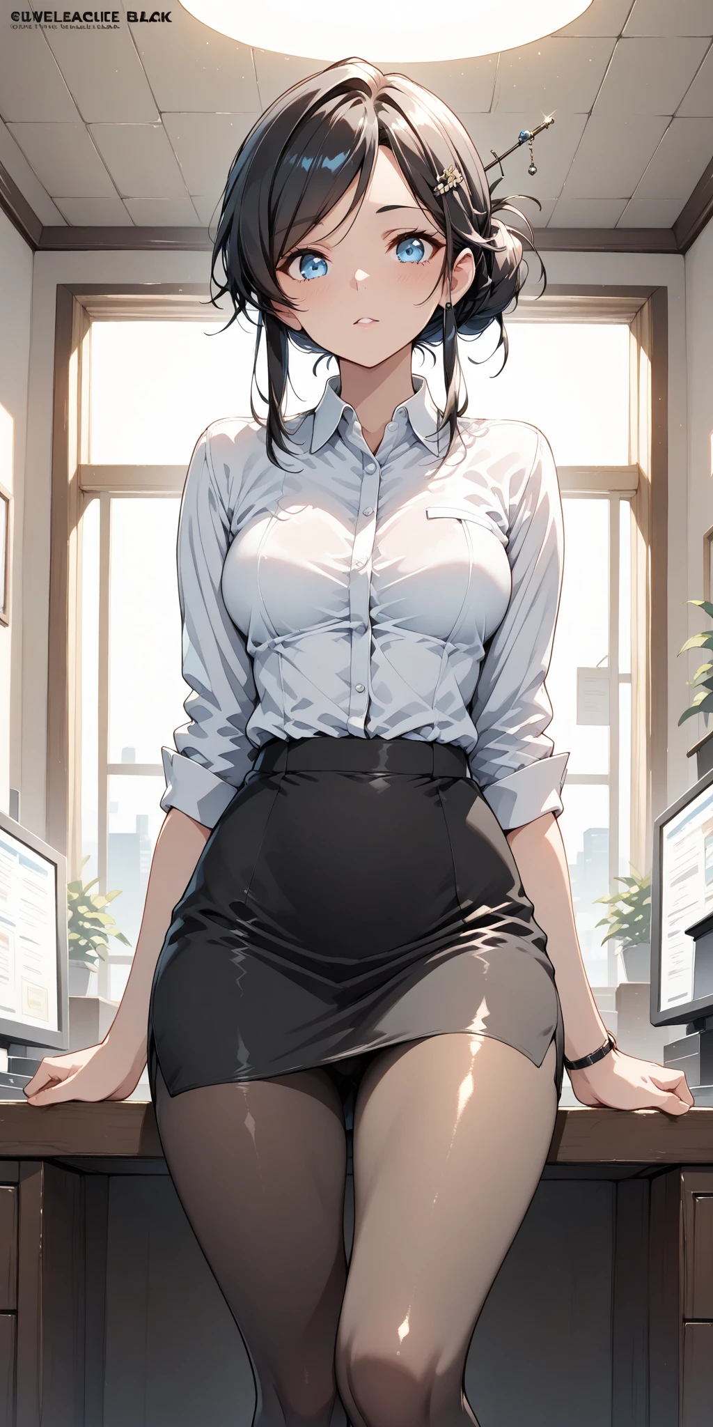 (8K、Best image quality、Highest quality、masterpiece)、Detailed face、 1 Girl、Attractive office lady,Mature Woman,28 years old,Black Hair、Long Hair、Diagonal bangs、A charming smile、Medium chest、(White T-shirt))、Cleavage、errect nipples,((Grey pencil skirt:1.2))、skirt lift,Thighs,Angle from below、office、