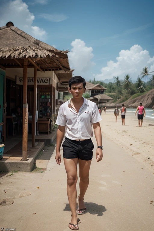 full body photo of thai Asian age boy, swimmer guy, cropped hair, standing at local thailand pier canal, multiple people in background, tanga underwear.light brown colour.