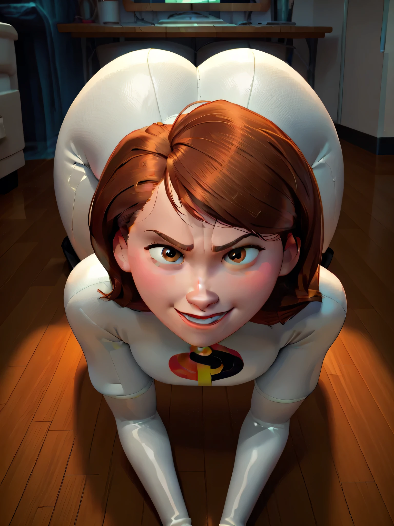 Helena Parr seen from the back, brown eyes, she looks in front of a mirror smiling, almond eyes , ELASTIGIR\(The Incredibles\), nu, body lying on the floor,Buttocks folded,Look forward,top down_From Bottom to Top,In a bright white bodysuit, Your body is attached to the body and cannot be removed, LOOKING FORWARD, The viewer's view is behind your ass