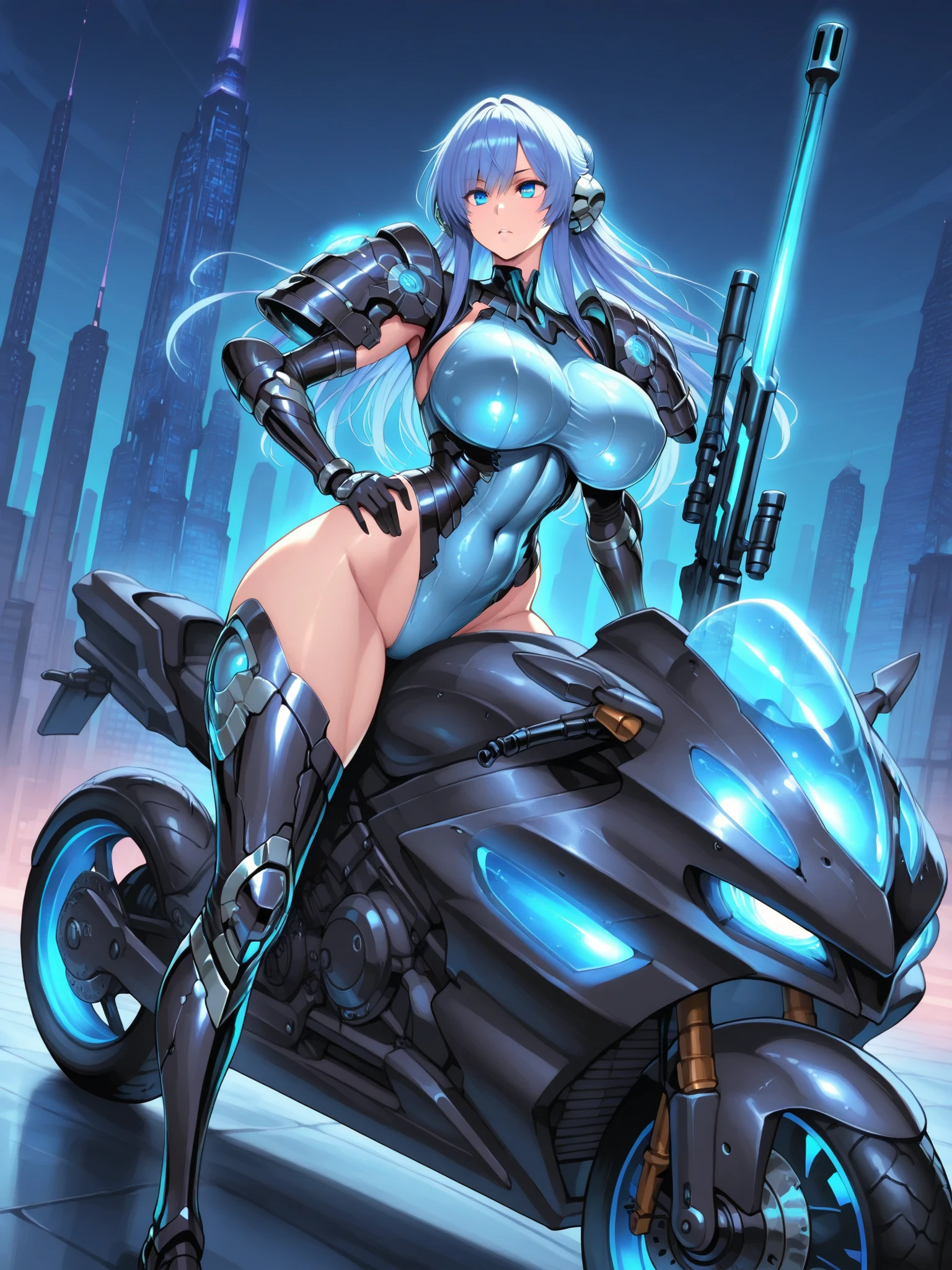1girl, large breasts, wide hips, blue hair, short hair, very short hair, blue eyes, bikini, black bikini, shoes, sneakers, neon, machinery, tech, futuristic, science-fiction, blue neon trim, neon trim, light smime, bunny ears, rabbit ears, full body