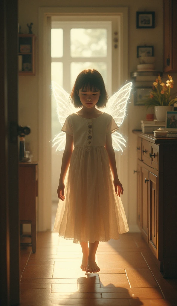 there is a little girl that is standing in front of a photo, photo 3d, photo 3d, girl with angel wings, portrait photo of a backdrop, photorealistic full body, full color photograph, fully photorealistic, highly realistic photograph, of an beautiful angel girl, very realistic effect, fairy wings, portrait of fairy