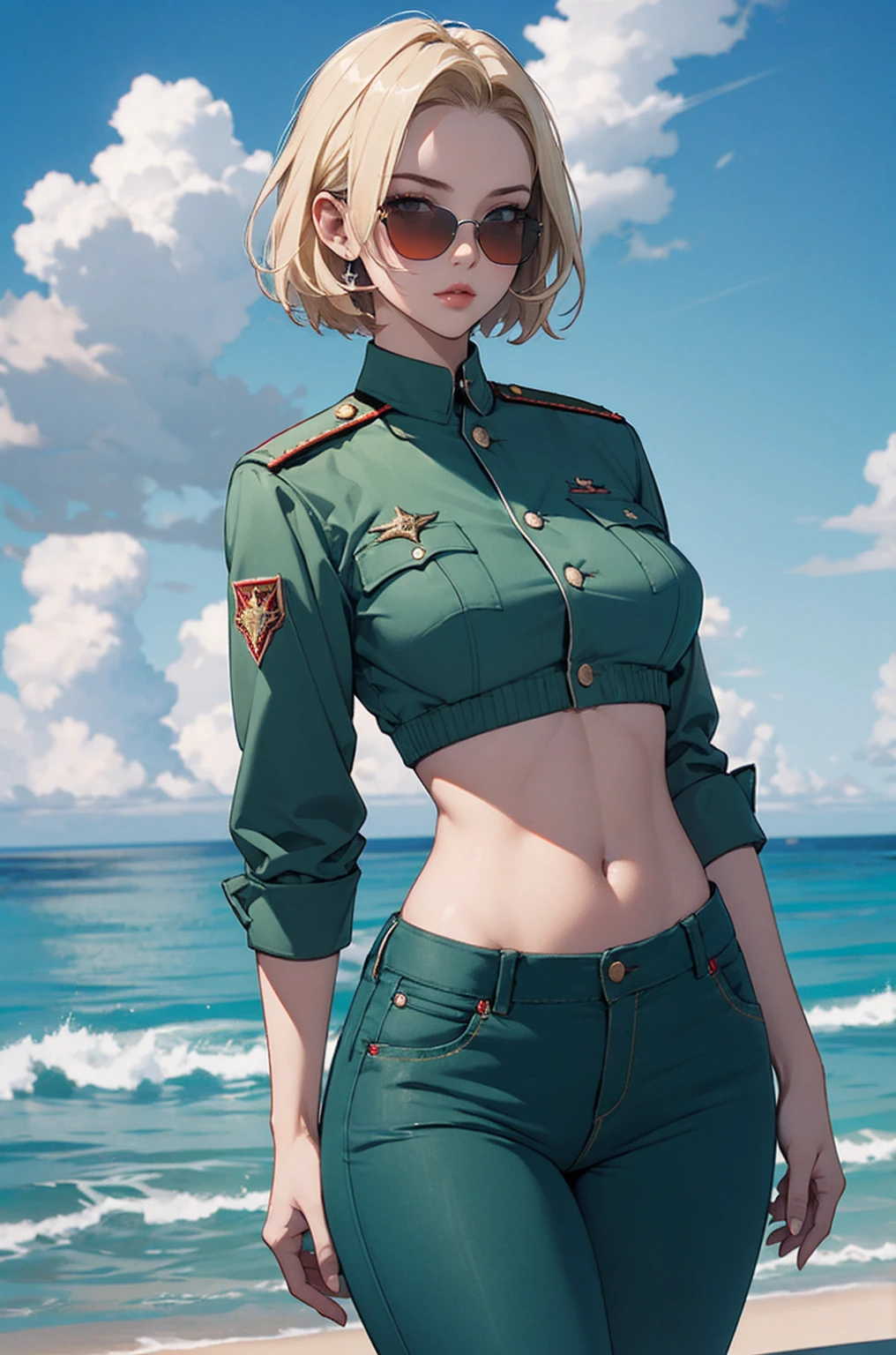 (masterpiece, Best quality, ultra detailed:1.3), 1 Girl, Sunny, On open air, ocean, clouds, I look at the viewer, (windy:1.2), (complex part, sexual, chill), military uniform, green short shorts, (soviet poster:1.1) BREAK short blonde hair, (straightening my hair:1.1) советская military uniform , Soviet officer's headdress with a red five-pointed star