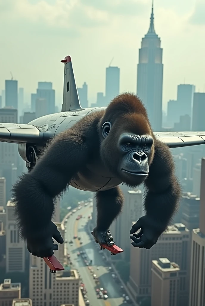 I need a picture of a gorilla carrying a plane with passengers
