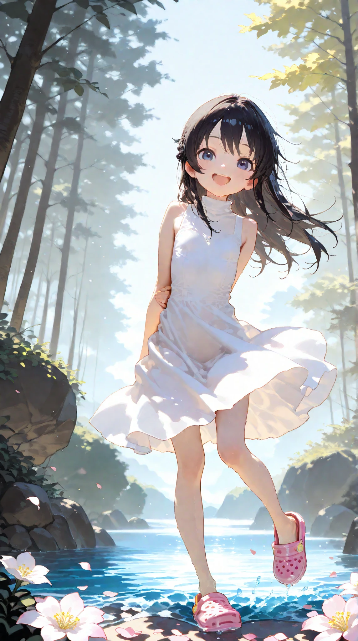 UHD, Super Detailed, High Quality, Best Quality, Masterpiece, detailed background, High Resolution, Anatomically Correct, 1loli, petite, 1preteen girl,skinny. A 14-years-old junior high school girl facing viewer with a smile, long black hair, she wear a white turtleneck sun dress, and crocs shoe. she standing on one leg at sea of sakura flowers within the forest of sakura trees, the ground is filled by flower petals, looking back, happy, open mouth smile, she seems carefree and joyfull, she hold her arms behind her back while lifting one of her feet and lean on side, the shot was taken from a distance where it also captures the scenery dramaticly, Wide Shot, F/1.2,