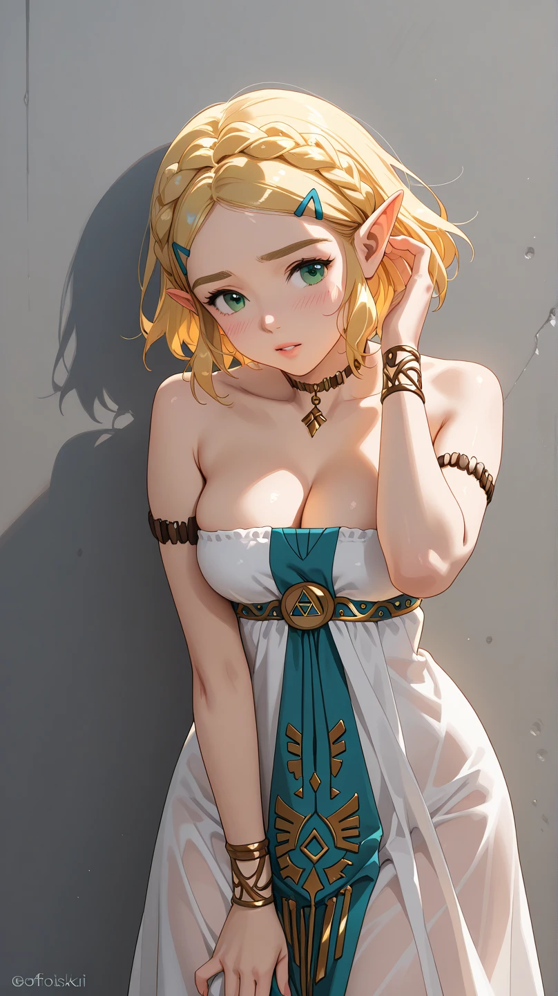 The Legend of Zelda Costume,cleavage,Off the shoulder dress,blond,Upper body close-up
(best quality, masterpiece, original photo,Super detailed:1.2), 1 girl,alone,looking at the audience,