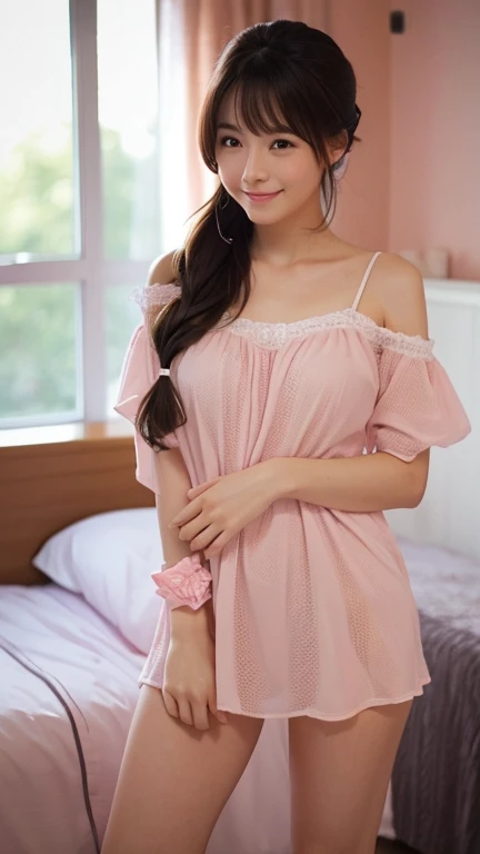 ((NSFW)),(highest quality,masterpiece:1.3,Ultra-high resolution),(Very detailed,Caustics),(Realistic:1.4,RAW shooting),1 girl,Medium breast,Flat bangs、Smiling and looking at the camera、Blurred Background、Woman wearing a black lace top, Mauve pink lace blouse, Denim mini skirt,Casual clothing style,Shot to the knee,(White lace panties),